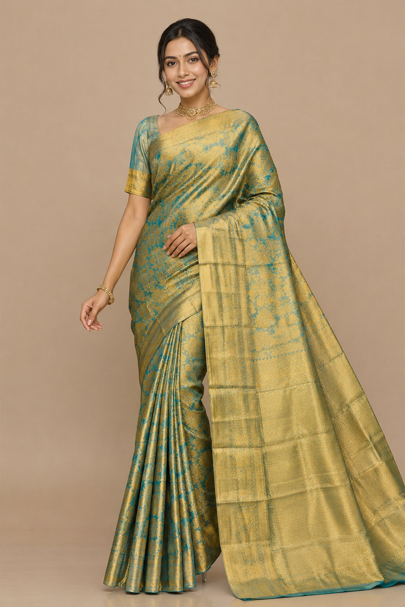 Model wearing a Sky Blue with Gold Color Kanchipuram Tissue Silk Saree with Zari Brocade on the body and Zari Border.
