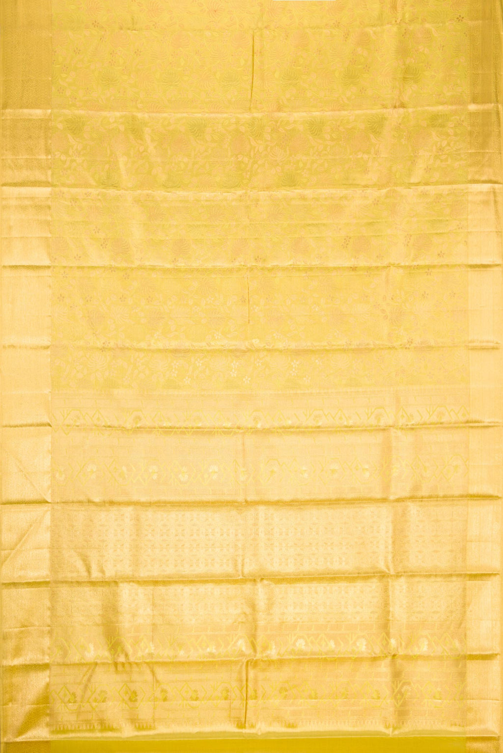 Flat view of Green Dual Tone Kanchipuram Tissue Silk Saree with Zari Brocade on the body and Zari Border. 