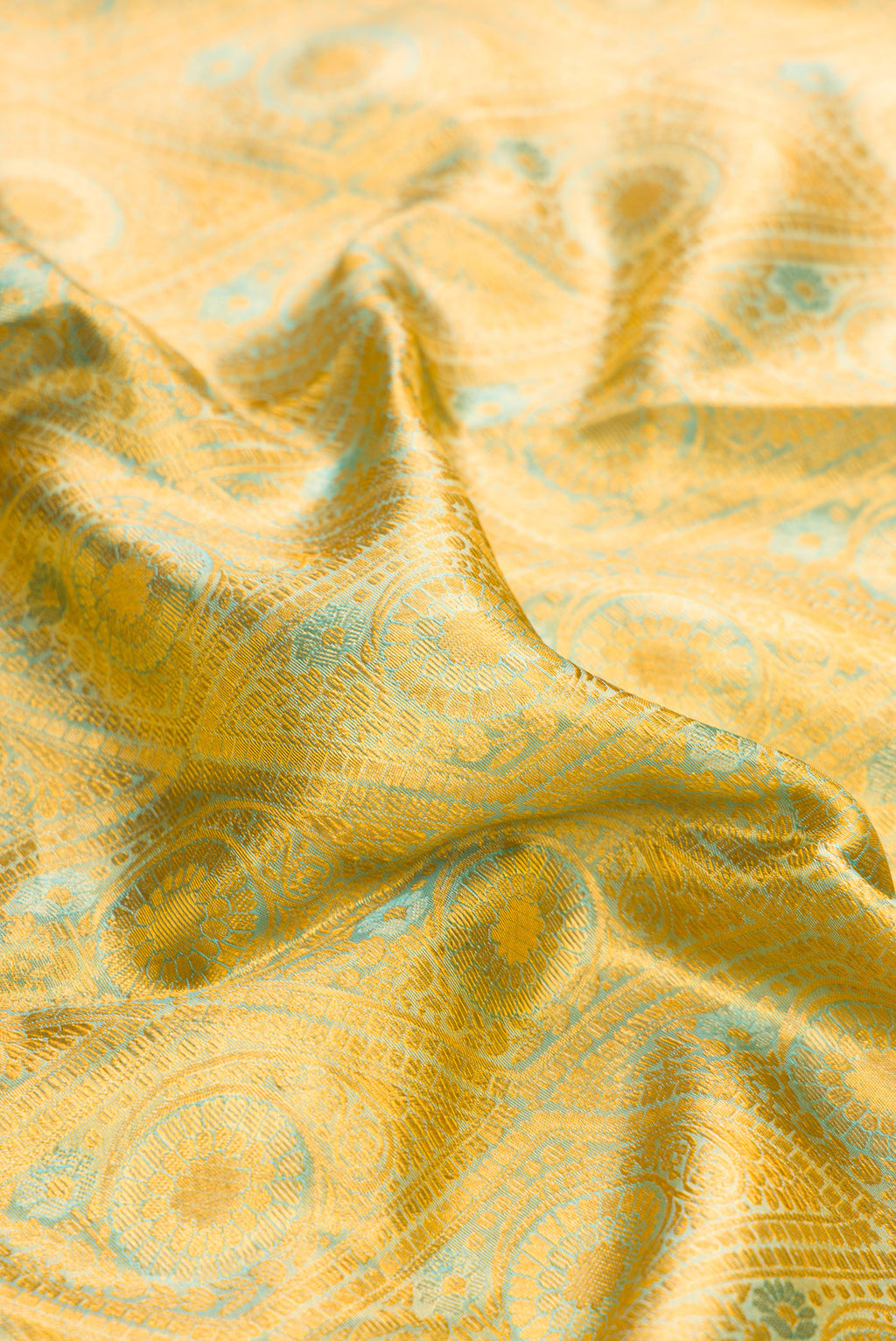 Close up of Gold Dual Tone Kanchipuram Tissue Silk Saree with Zari Brocade on the body and Zari Border.  displaying folds
