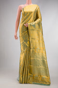 Gold Dual Tone Kanchipuram Tissue Silk Saree with Zari Brocade on the body and Zari Border.  displayed on a mannequin