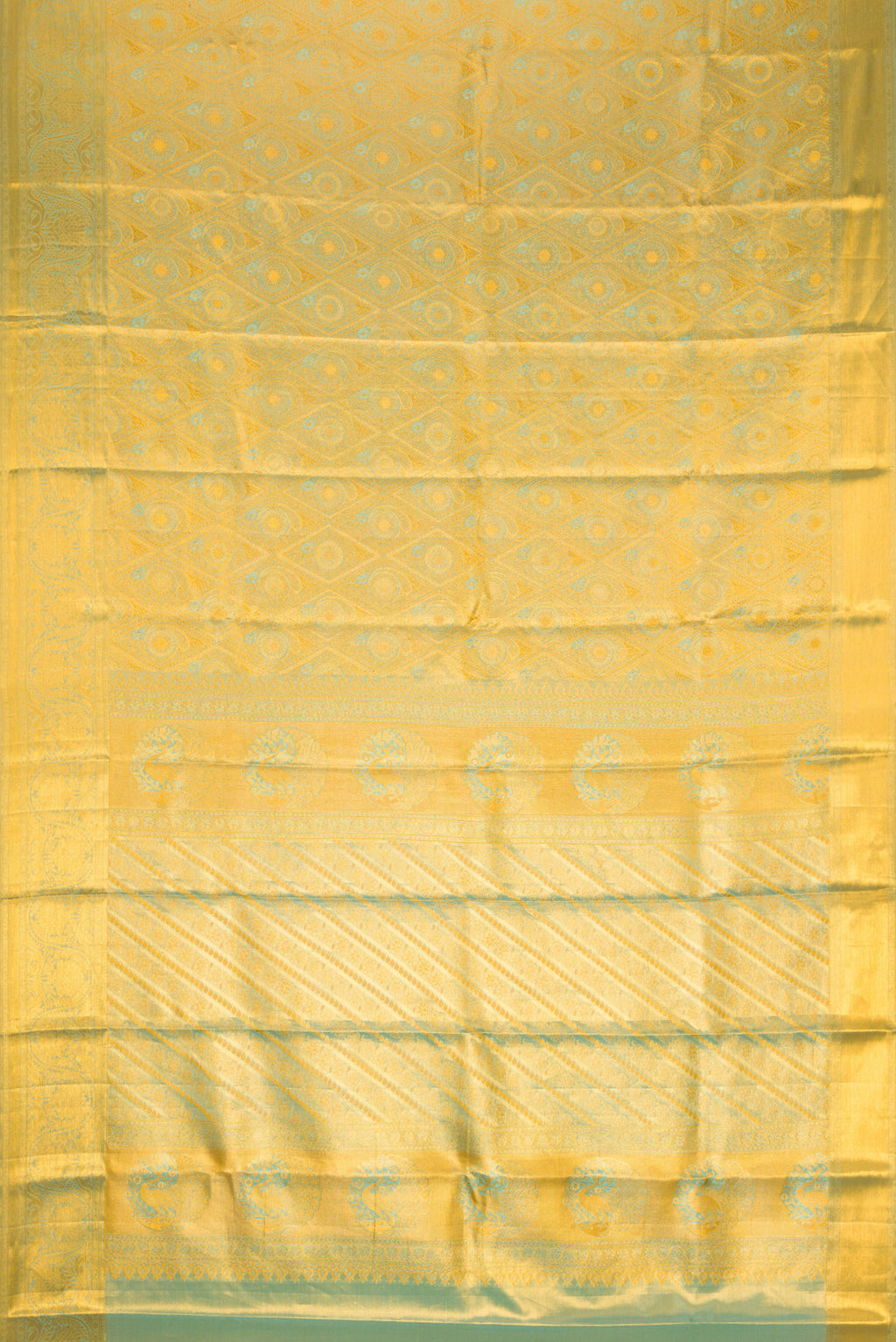 Flat view of Gold Dual Tone Kanchipuram Tissue Silk Saree with Zari Brocade on the body and Zari Border. 