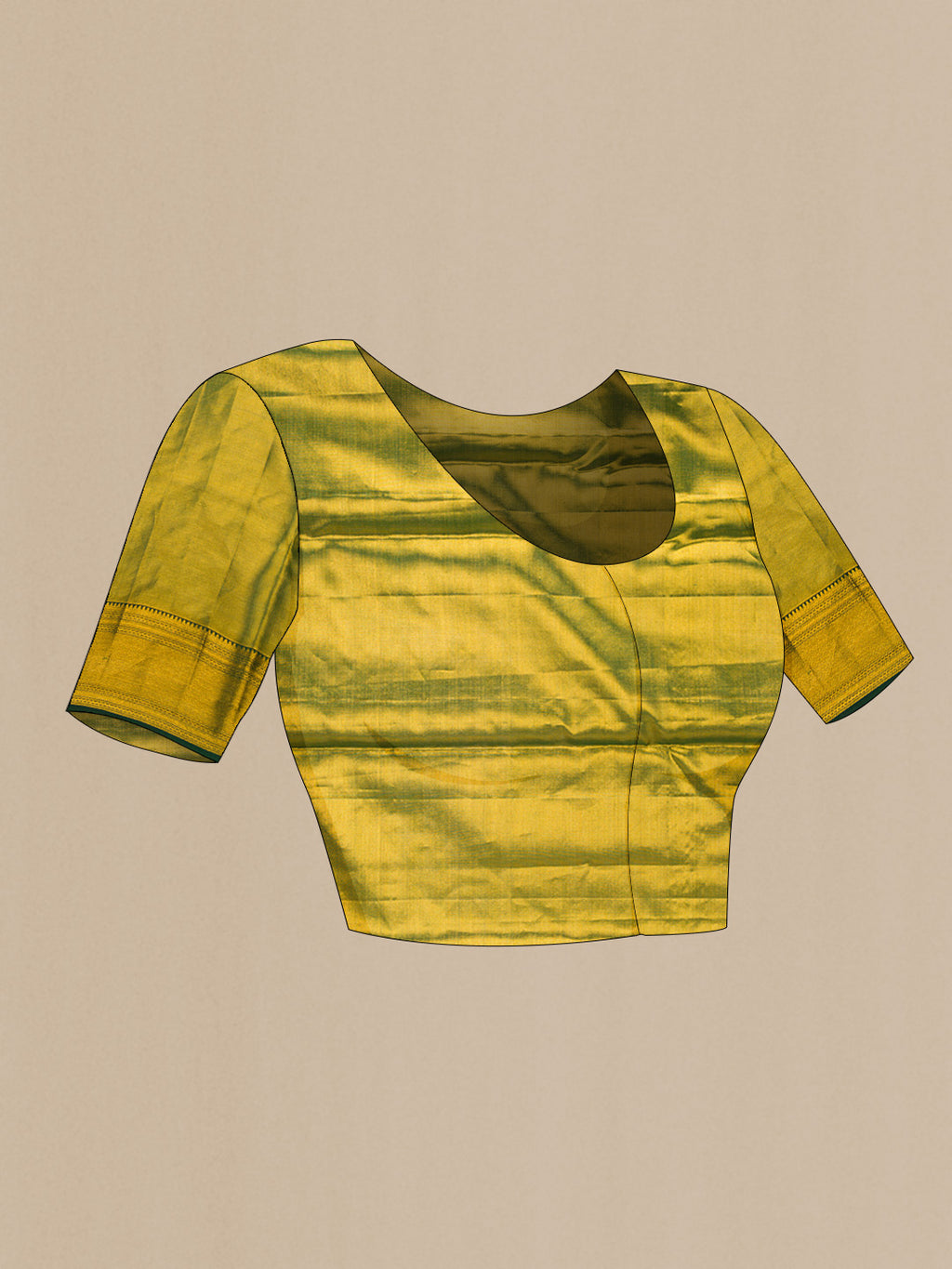 Close up image of the blouse of Gold Dual Tone Kanchipuram Tissue Silk Saree with Zari Brocade on the body and Zari Border. 