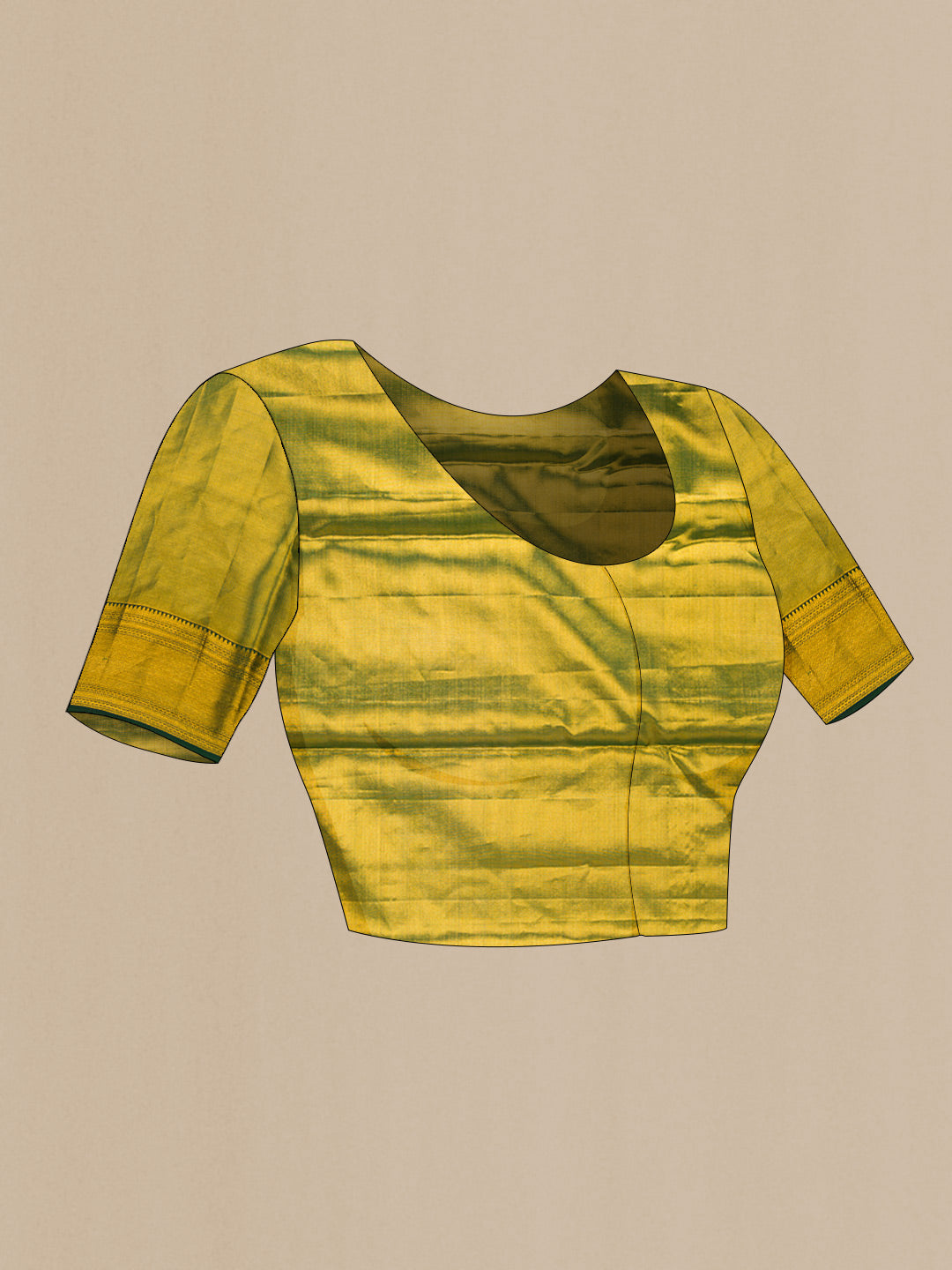 Close up image of the blouse of Gold Dual Tone Kanchipuram Tissue Silk Saree with Zari Brocade on the body and Zari Border. 