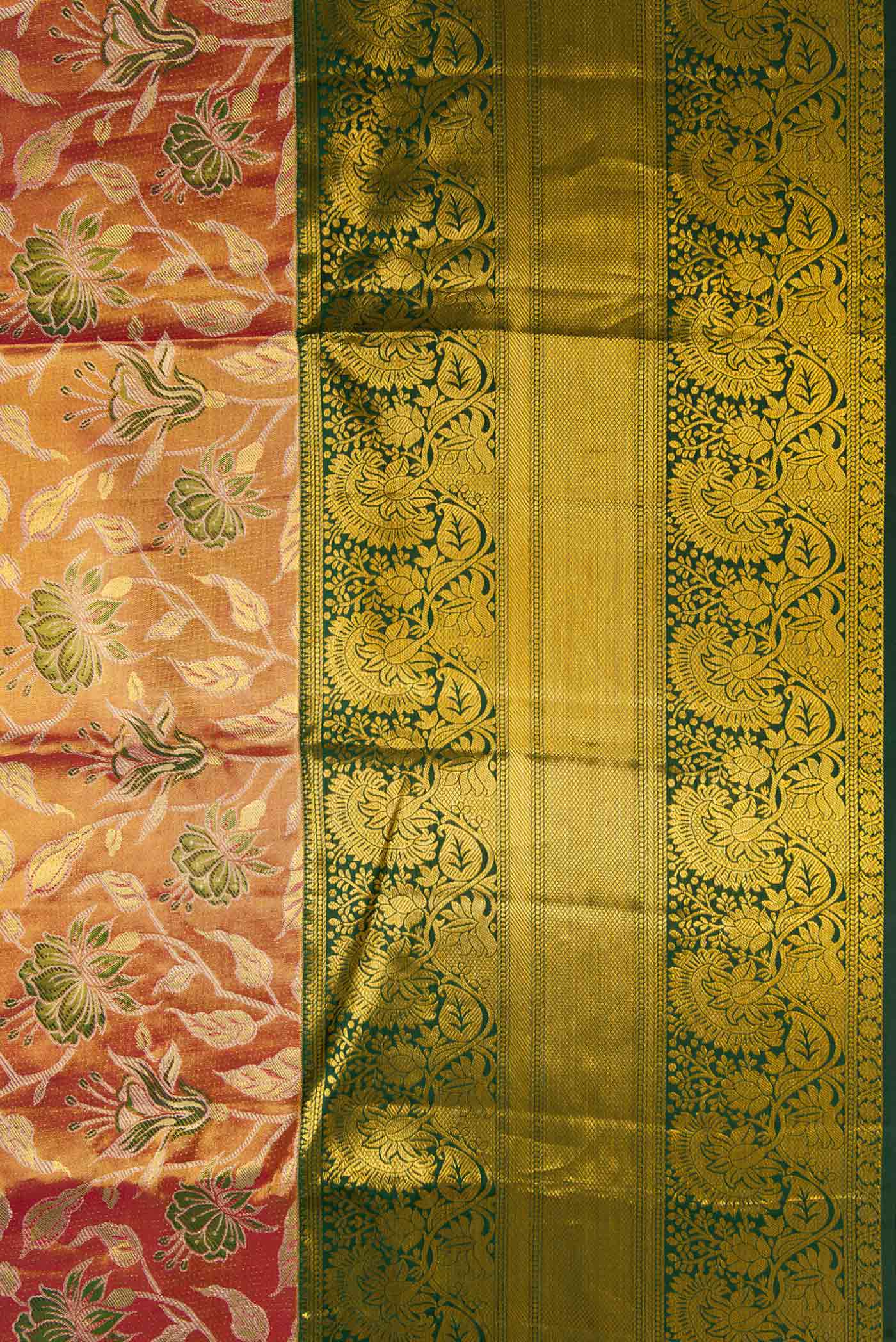 Border image of Gold Dual Tone Kanchipuram Tissue Silk Saree with Zari Brocade on the body and Zari Border. 
