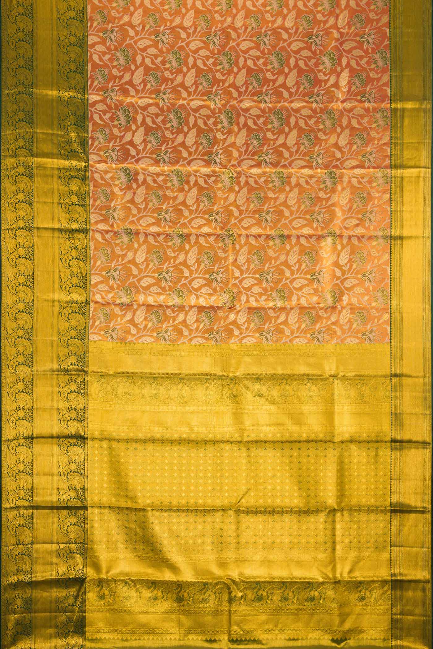 Flat view of Gold Dual Tone Kanchipuram Tissue Silk Saree with Zari Brocade on the body and Zari Border. 
