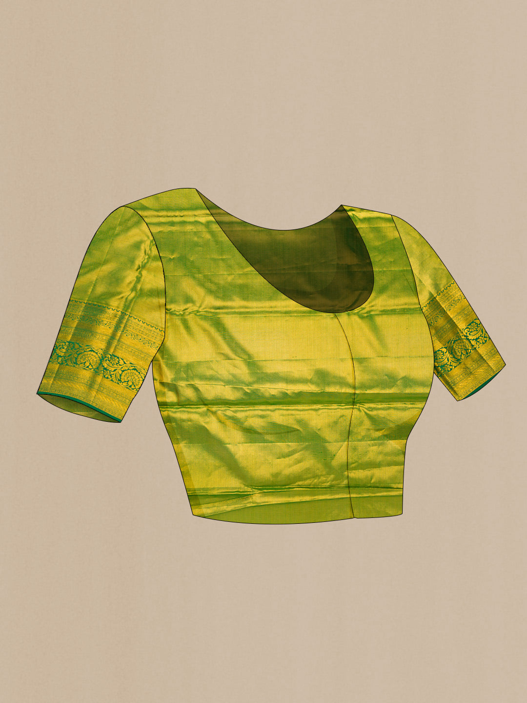 Close up image of the blouse of Peach Dual Tone Kanchipuram Tissue Silk Saree with Zari Brocade on the body and Zari Border. 