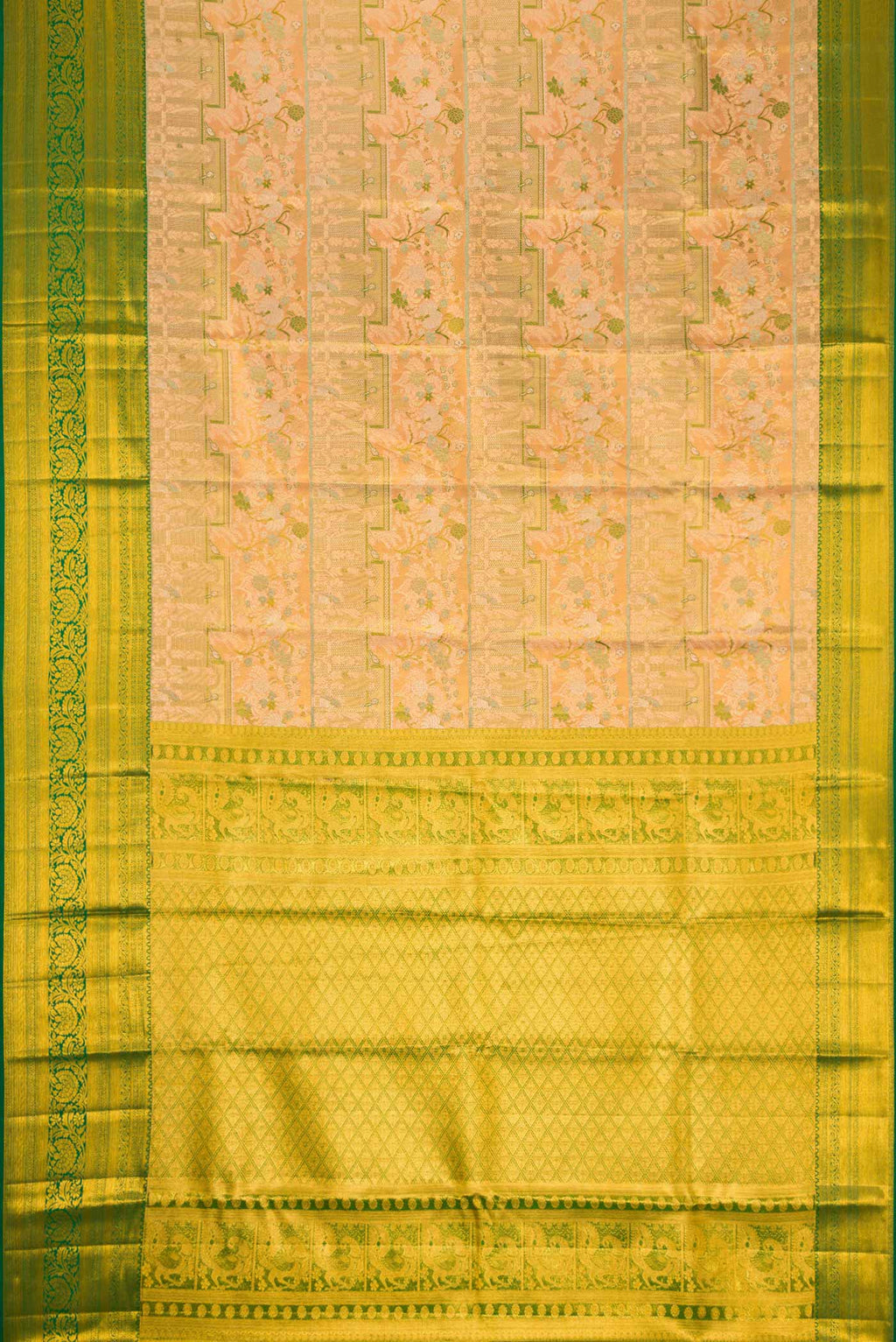 Flat view of Peach Dual Tone Kanchipuram Tissue Silk Saree with Zari Brocade on the body and Zari Border. 