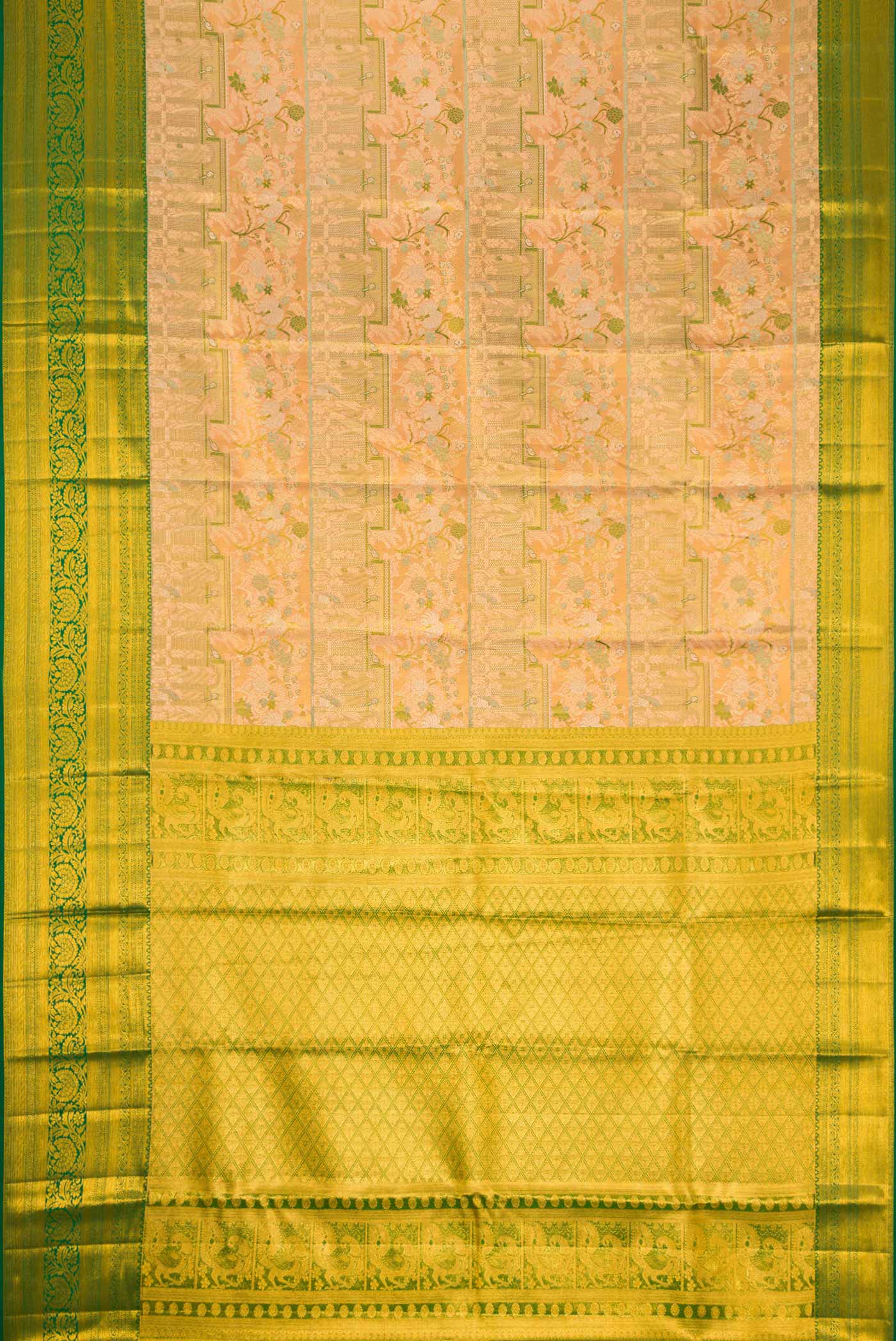 Flat view of Peach Dual Tone Kanchipuram Tissue Silk Saree with Zari Brocade on the body and Zari Border. 