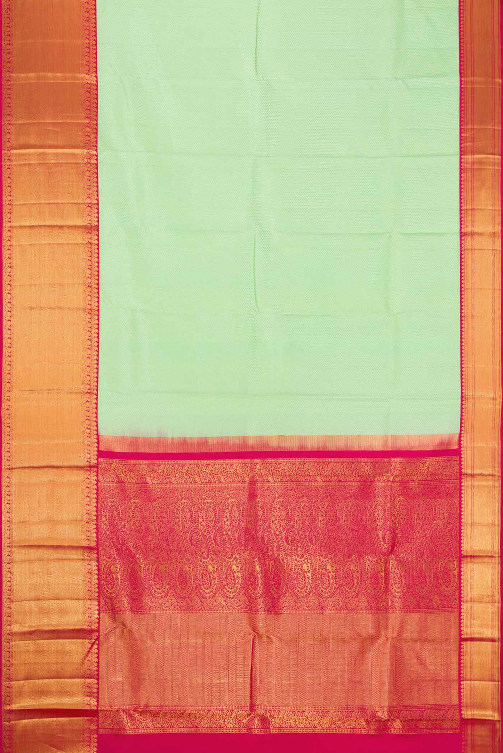 Flat view of Pista Green Dual Tone Kanjivaram Silk Saree with Zari Brocade on the body and Zari Border. 