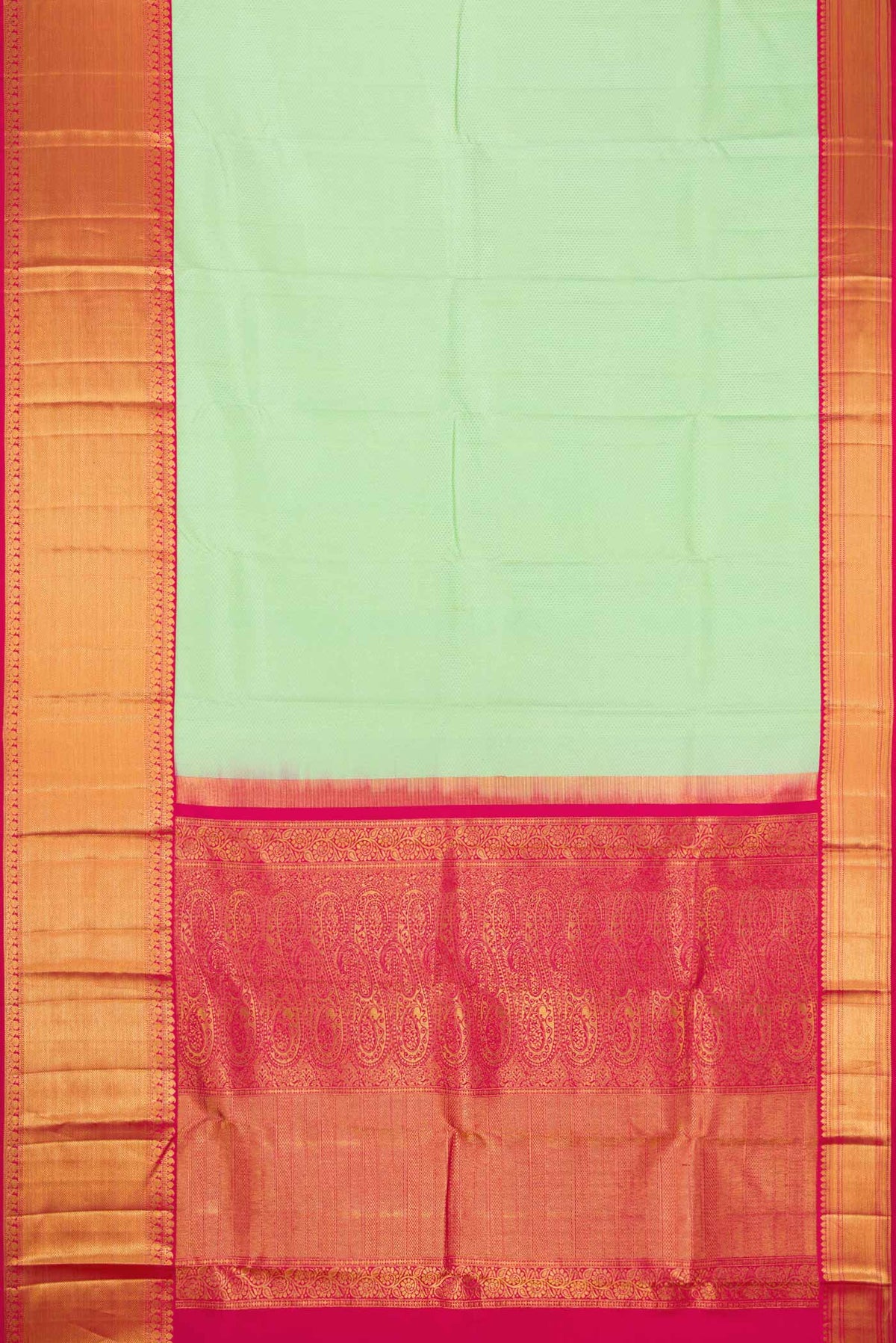 Flat view of Pista Green Dual Tone Kanjivaram Silk Saree with Zari Brocade on the body and Zari Border. 