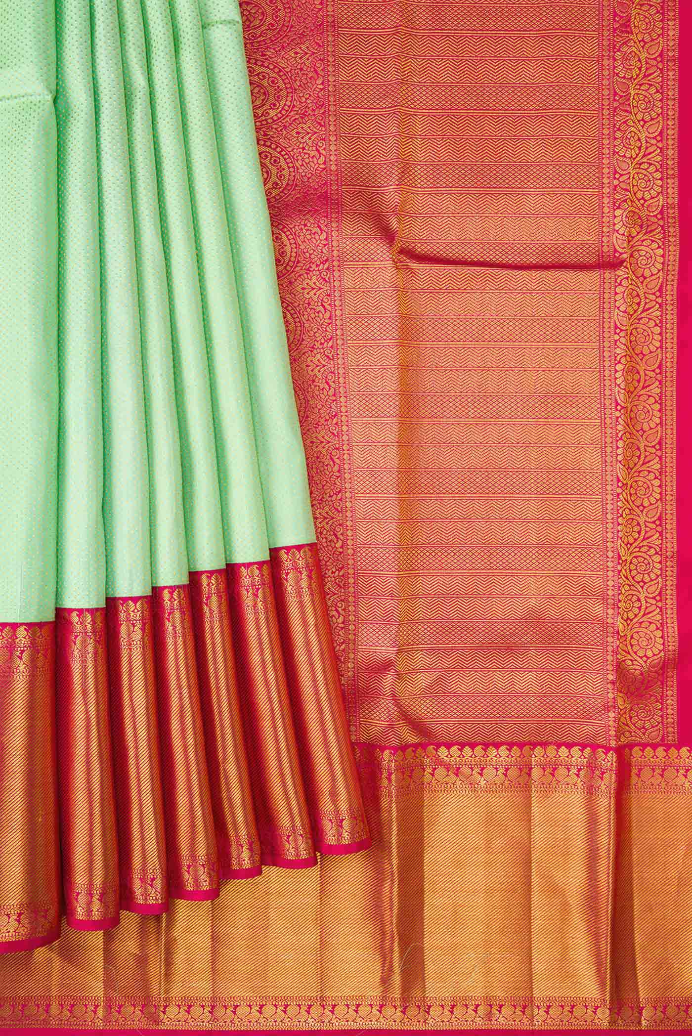 Pleats and pallu of Pista Green Dual Tone Kanjivaram Silk Saree with Zari Brocade on the body and Zari Border. 