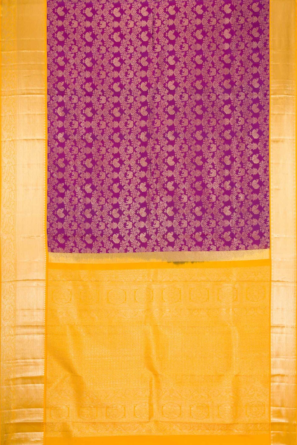 Flat view of Purple Dual Tone Kanjivaram Silk Saree with Zari Brocade on the body and Zari Border. 