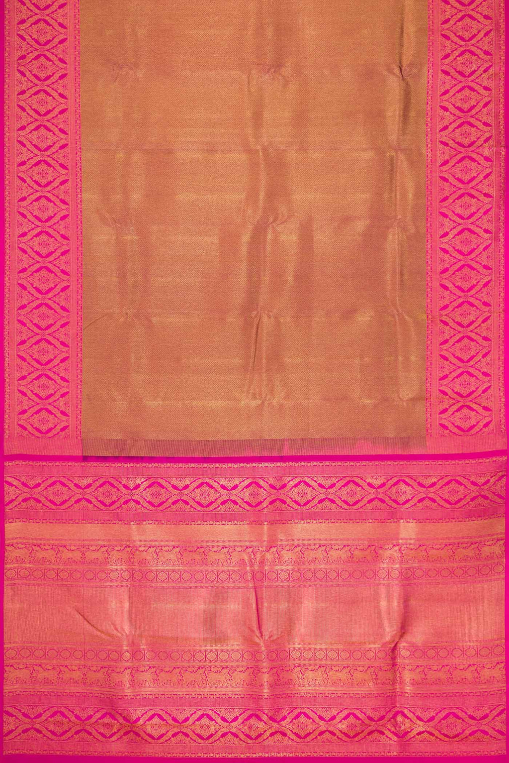 Flat view of Gold Dual Tone Kanchipuram Silk Saree with Zari Brocade on the body and Zari Border