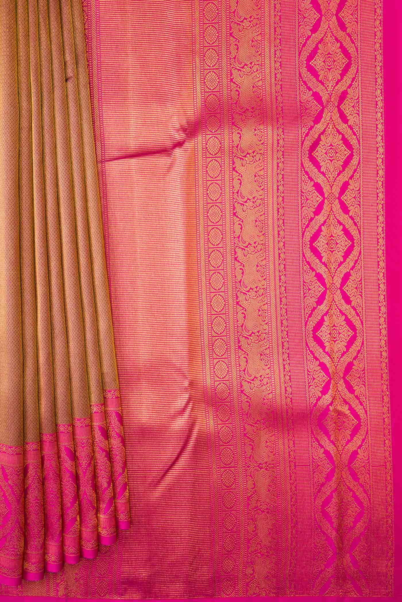 Pleats and pallu of Gold Dual Tone Kanchipuram Silk Saree with Zari Brocade on the body and Zari Border
