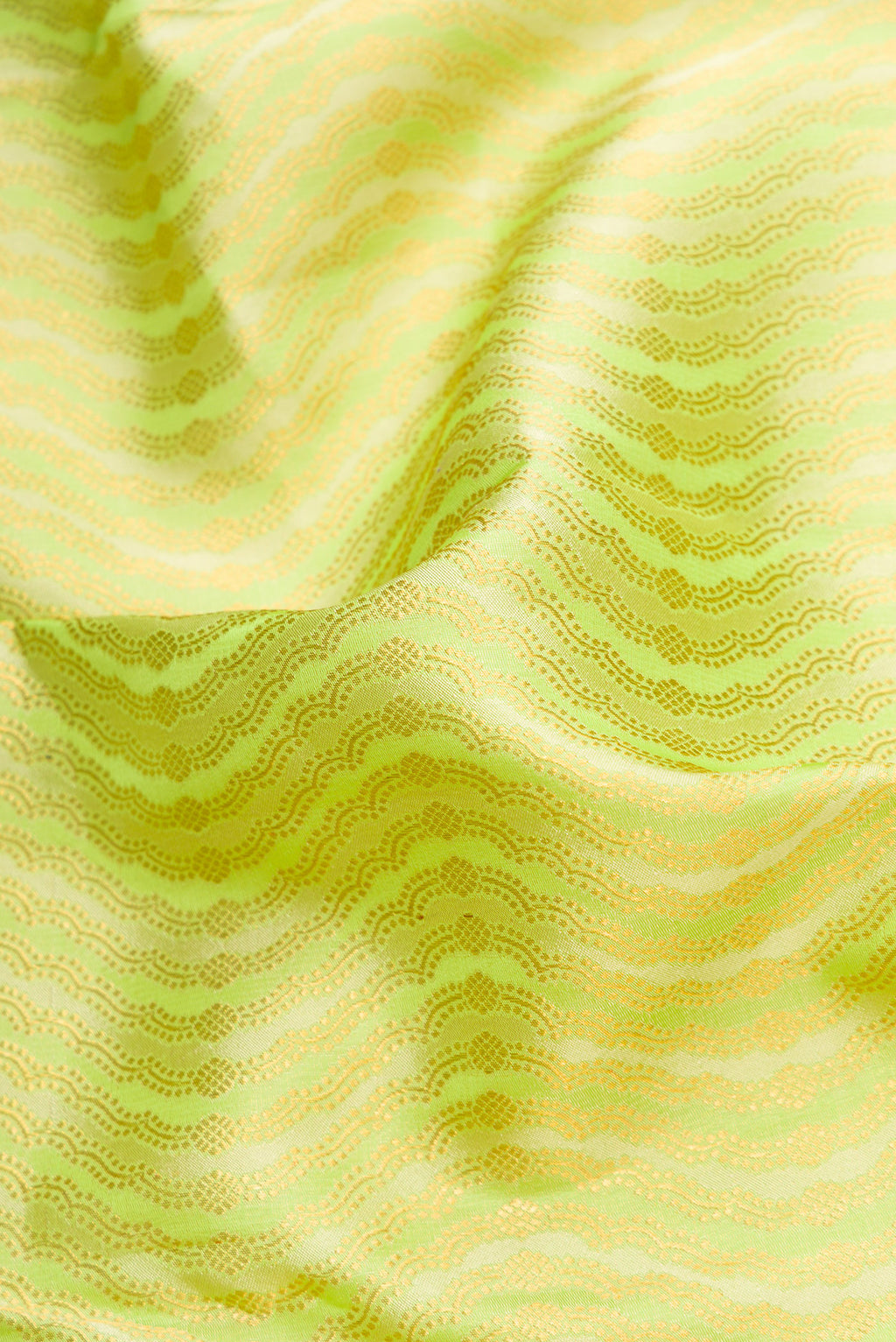 Close up of Pista Green Dual Tone Kanjivaram Silk Saree with Zari Brocade on the body and Zari Border.  displaying folds