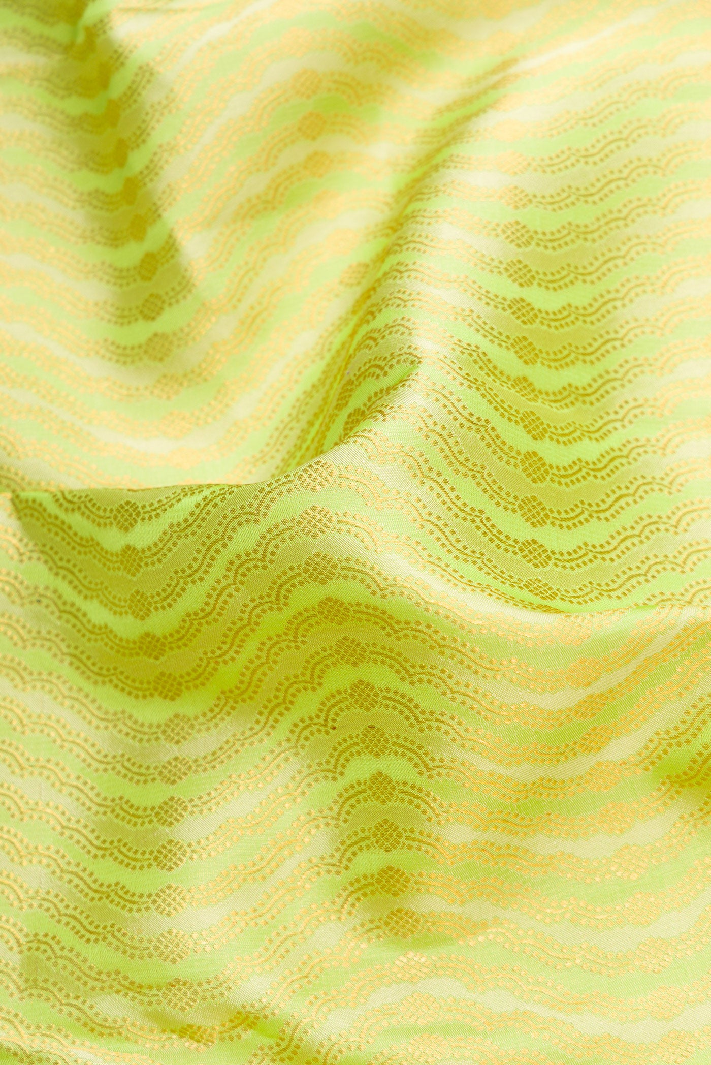 Close up of Pista Green Dual Tone Kanjivaram Silk Saree with Zari Brocade on the body and Zari Border.  displaying folds