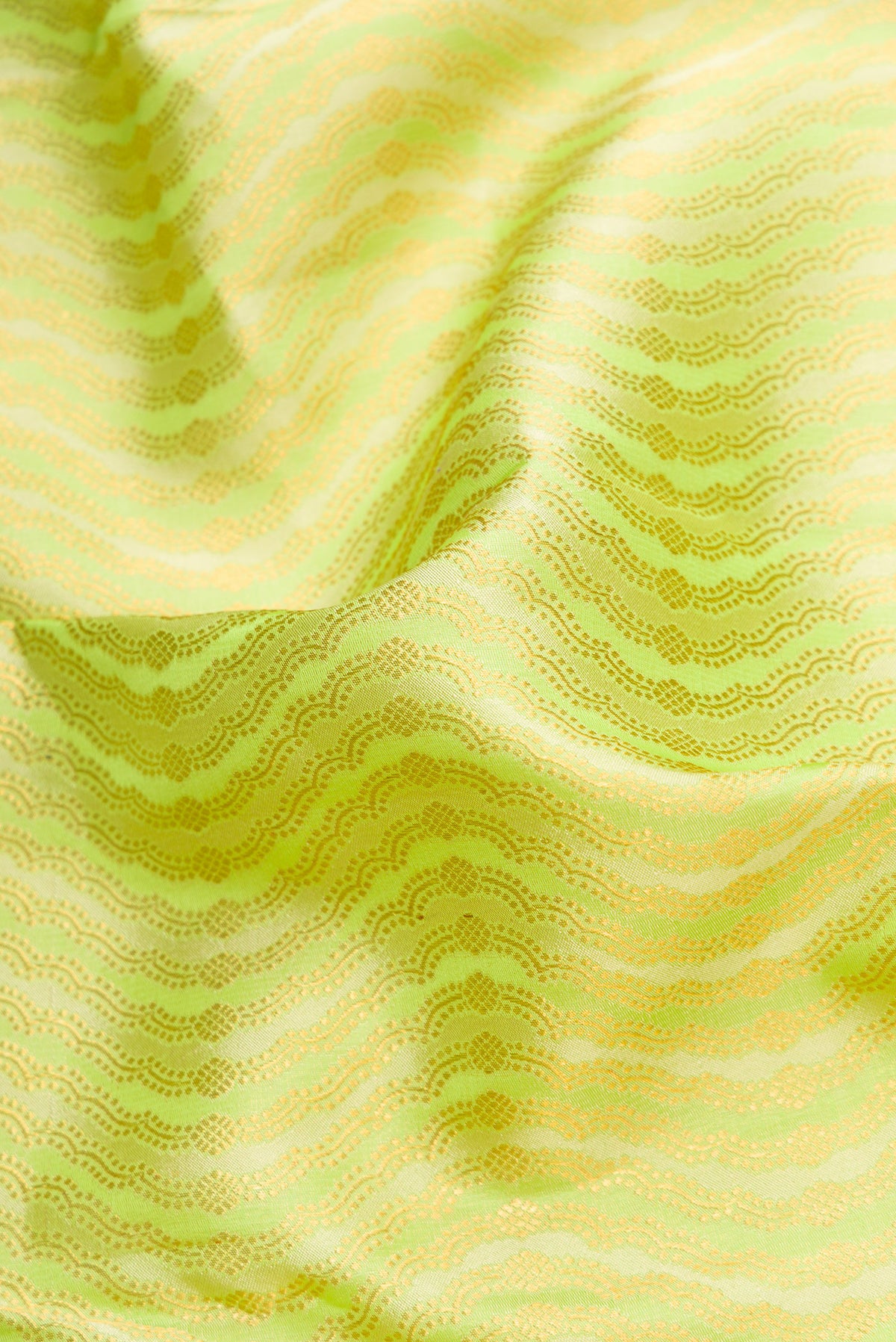 Close up of Pista Green Dual Tone Kanjivaram Silk Saree with Zari Brocade on the body and Zari Border.  displaying folds