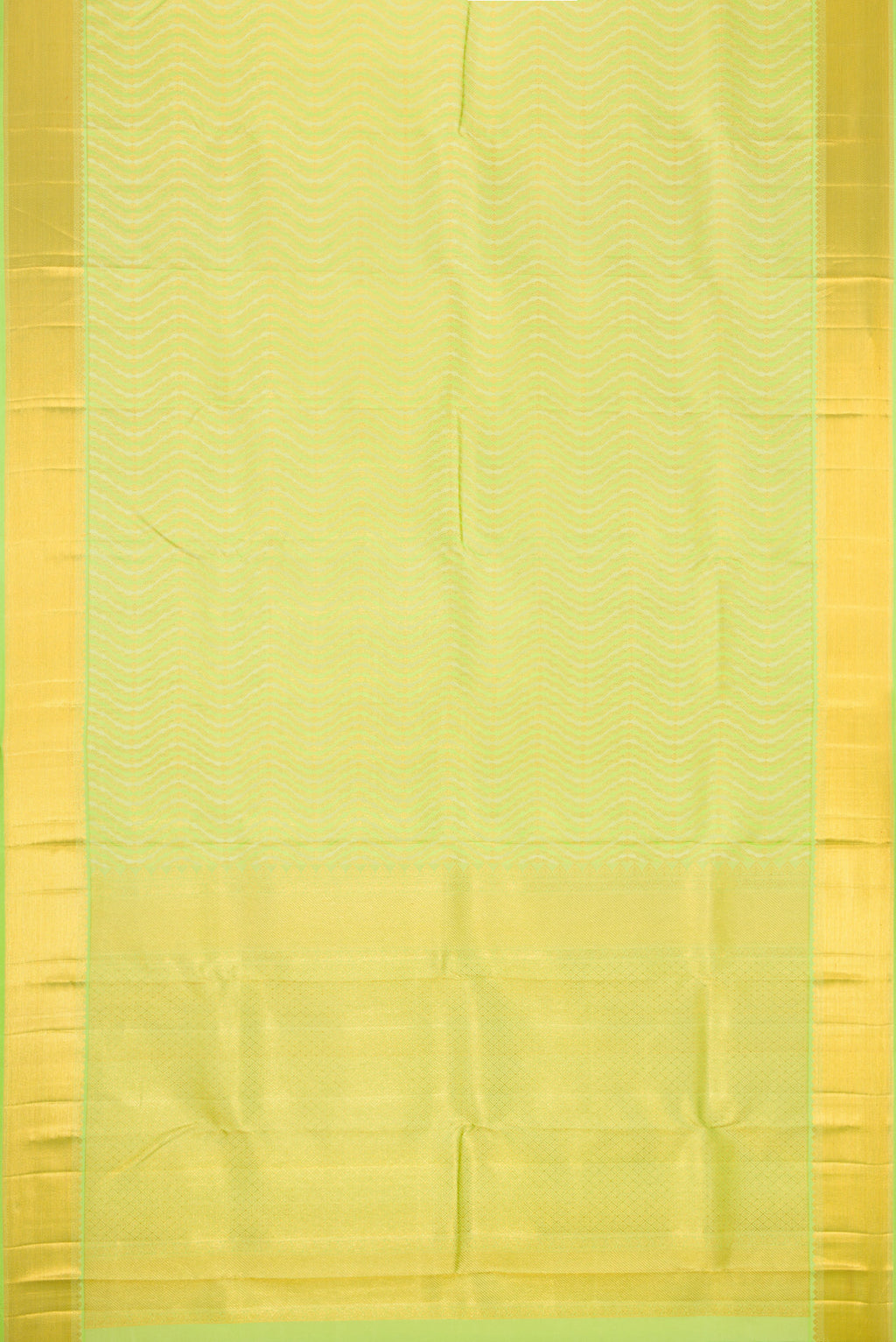 Flat view of Pista Green Dual Tone Kanjivaram Silk Saree with Zari Brocade on the body and Zari Border. 