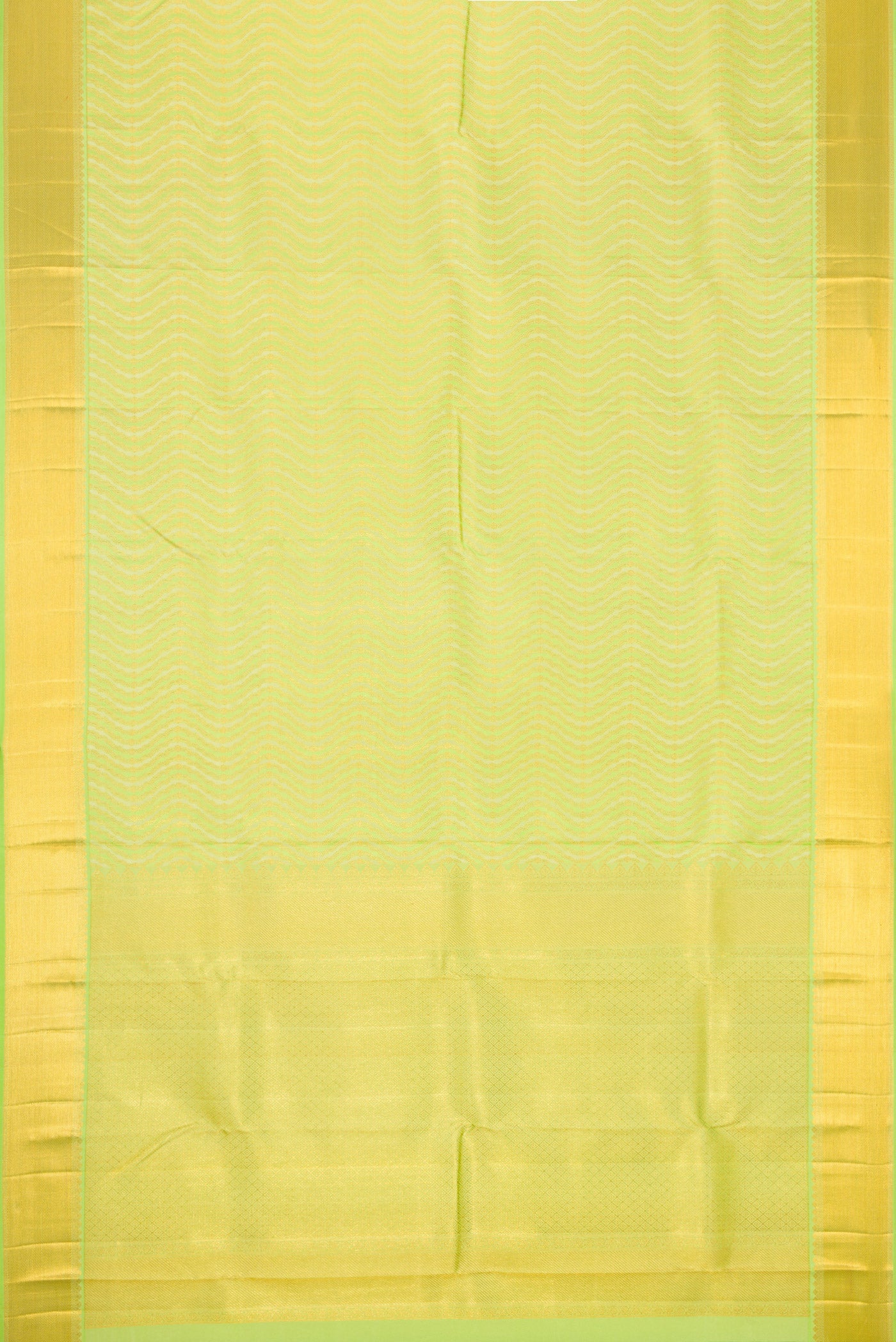 Flat view of Pista Green Dual Tone Kanjivaram Silk Saree with Zari Brocade on the body and Zari Border. 