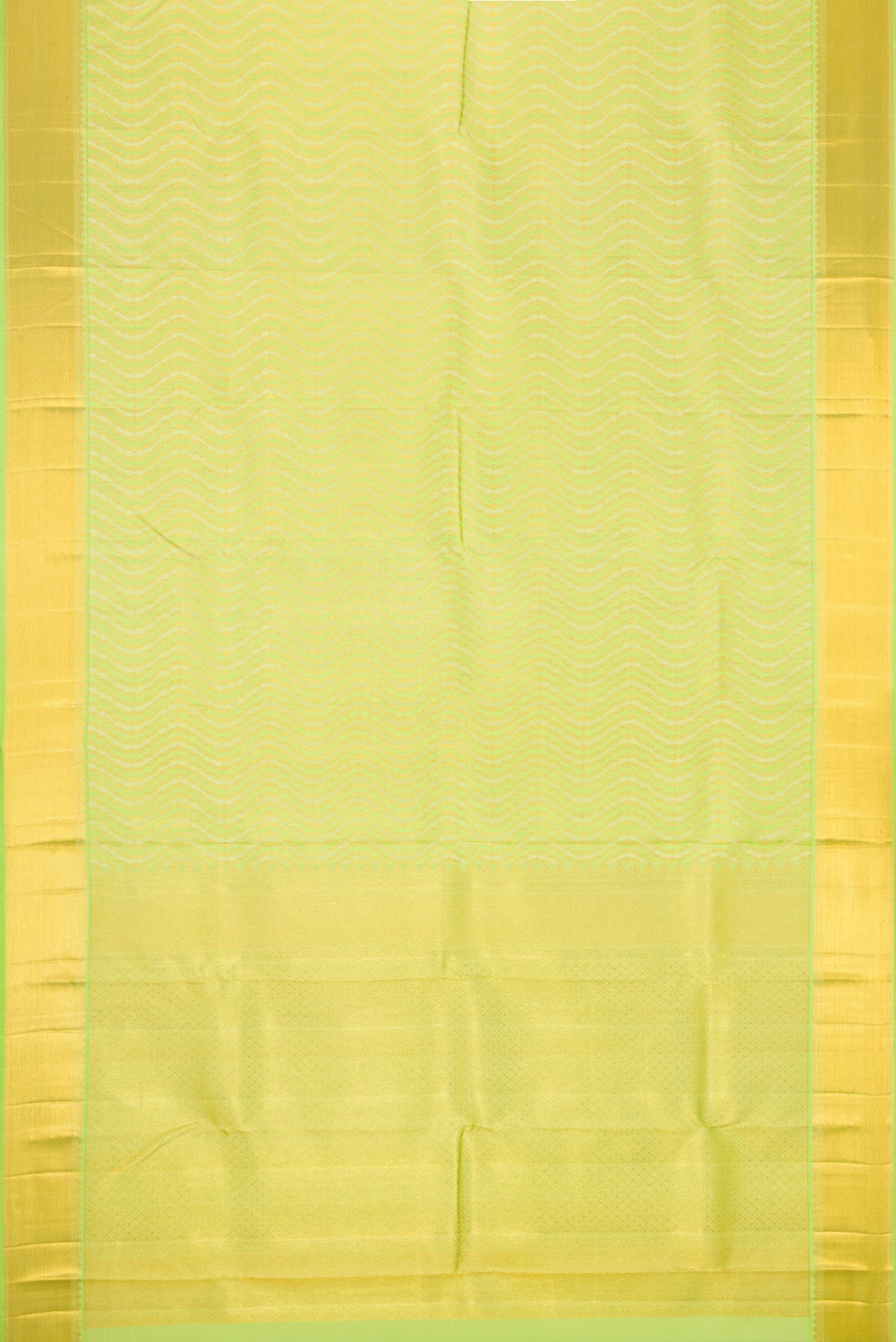 Flat view of Pista Green Dual Tone Kanjivaram Silk Saree with Zari Brocade on the body and Zari Border. 