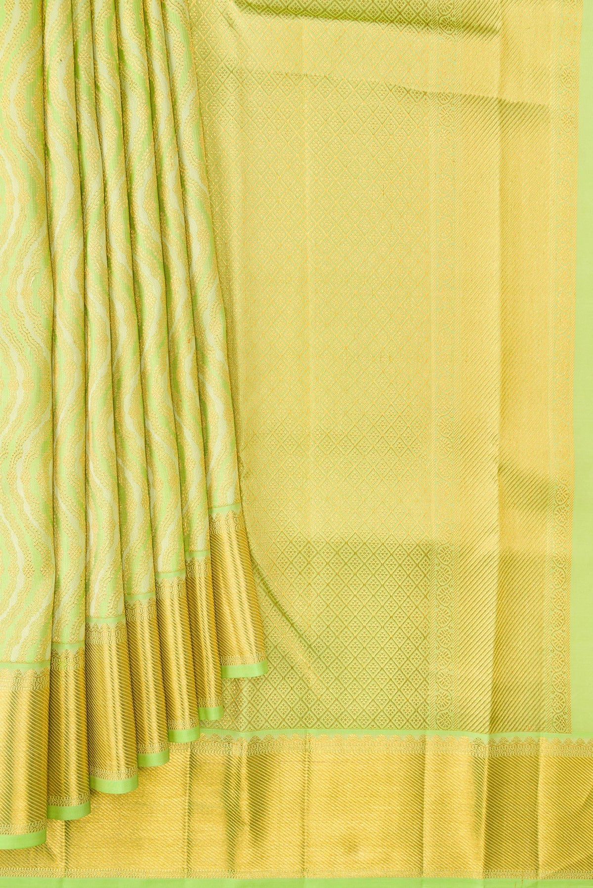 Pleats and pallu of Pista Green Dual Tone Kanjivaram Silk Saree with Zari Brocade on the body and Zari Border. 