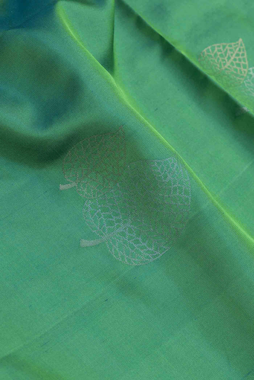 Close up of Green Dual Tone Soft Silk Saree with Zari Butta on the body and Zari Border.  displaying folds
