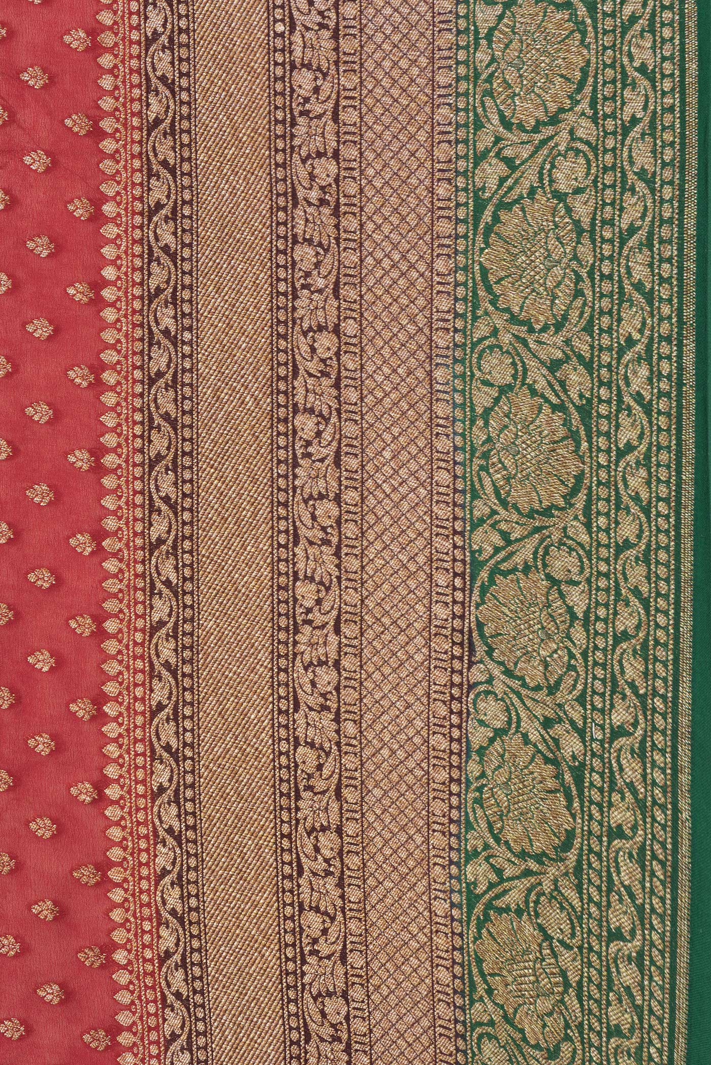 Border image of Red Dual Tone Banarasi Georgette Saree with Zari Butta on the body and Ganga Jamuna Border. 