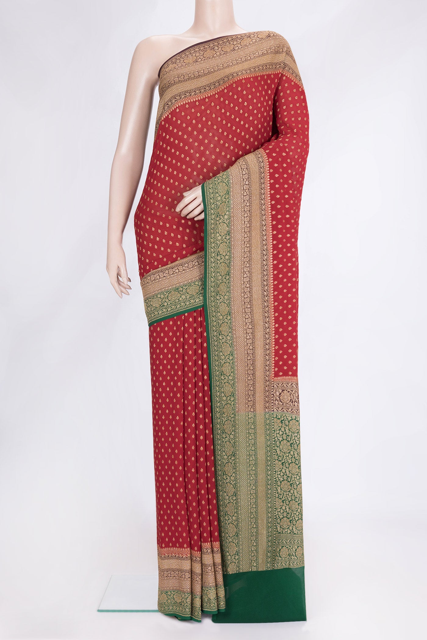 Red Dual Tone Banarasi Georgette Saree with Zari Butta on the body and Ganga Jamuna Border.  displayed on a mannequin