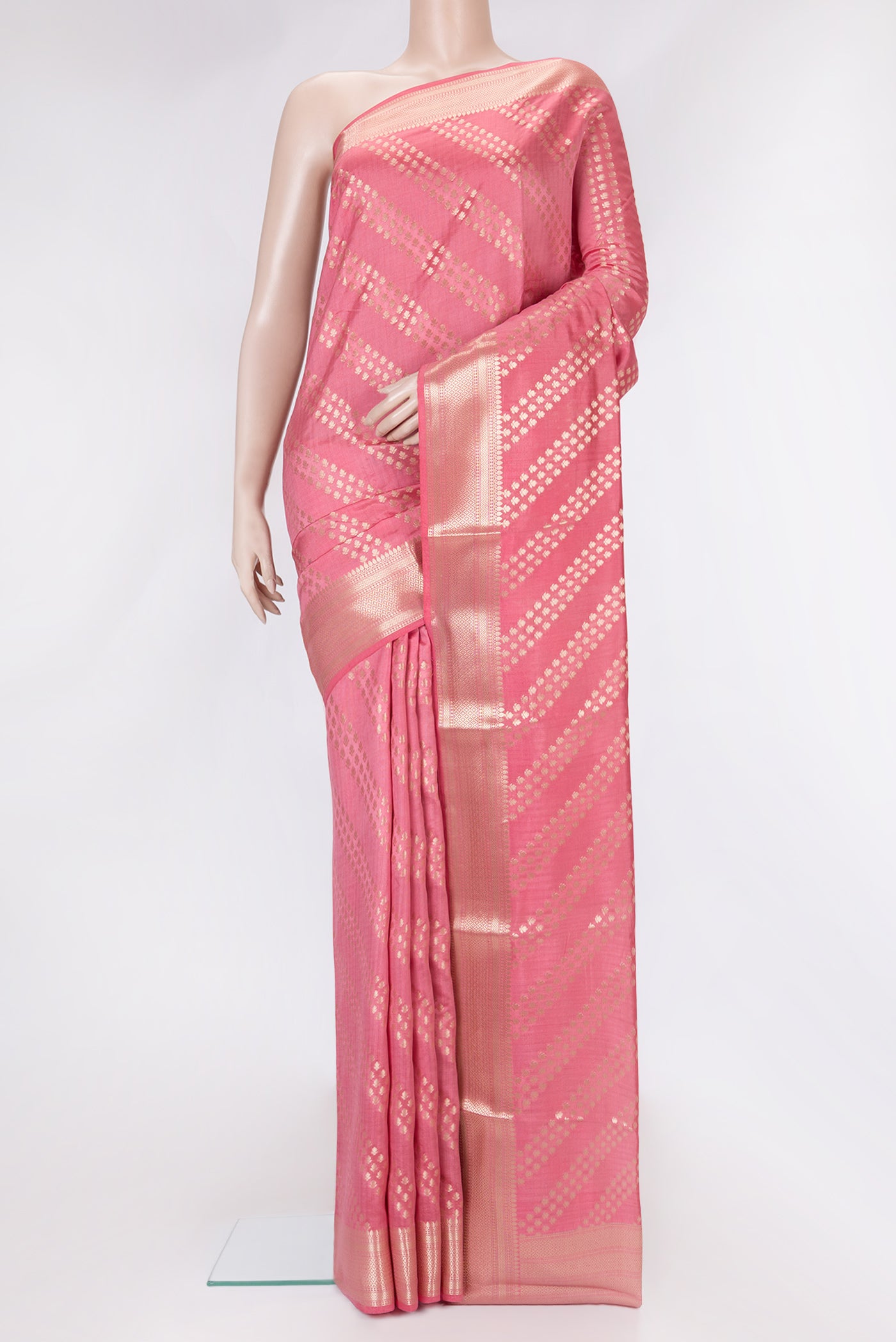 Pink Dual Tone Tussar Silk Saree with Zari Brocade on the body and Zari Border.  displayed on a mannequin