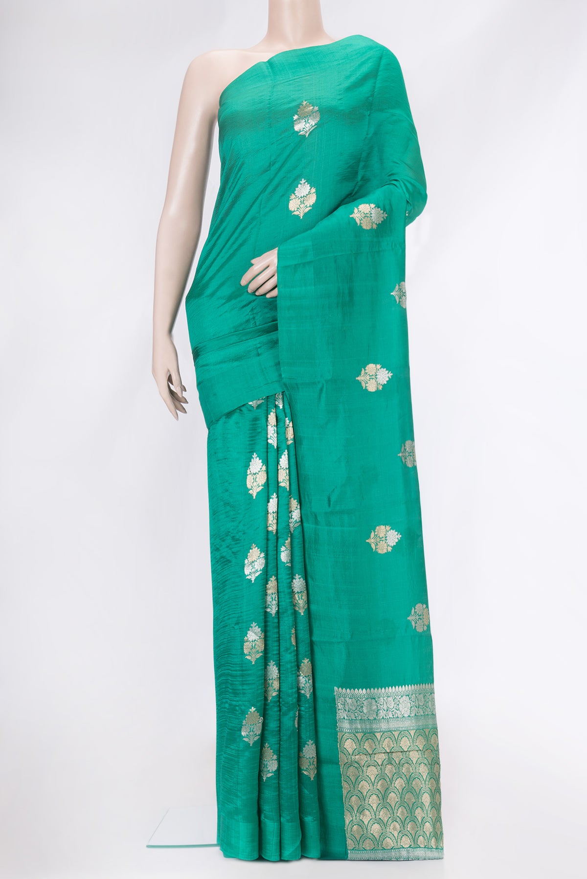 Green Dual Tone Banarasi Raw Silk Saree with Zari Butta on the body and Without Border.  displayed on a mannequin