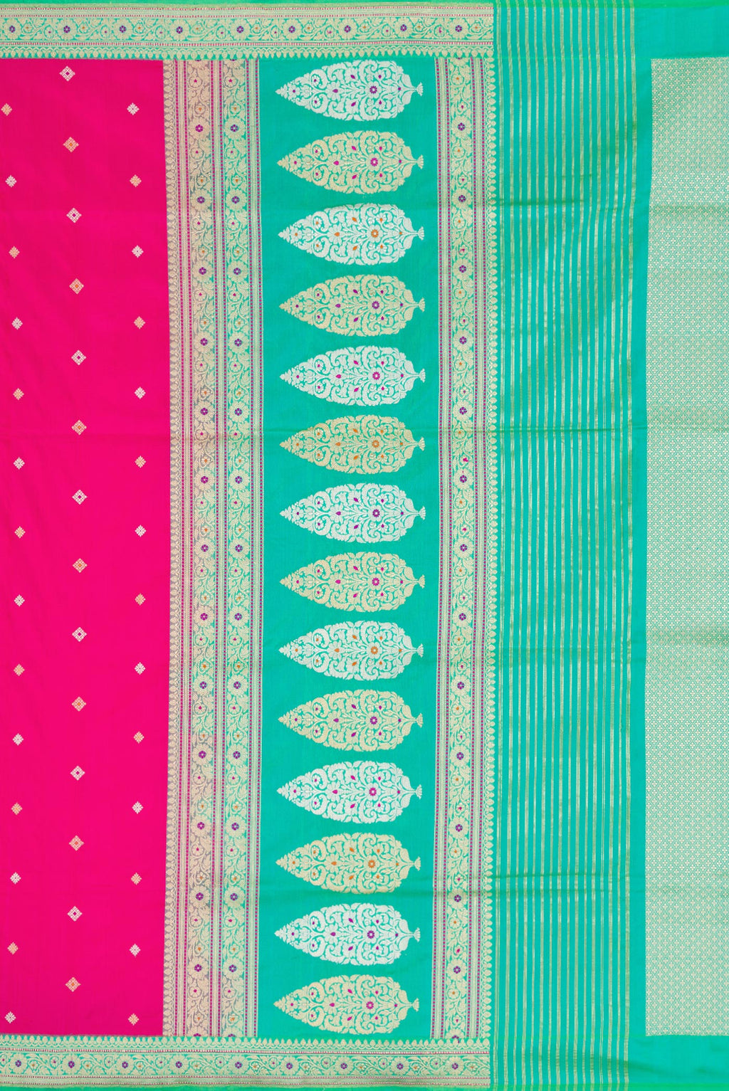Close up image of the pallu of Pink Dual Tone Banarasi Silk Saree with Zari Butta on the body and Zari Border. 