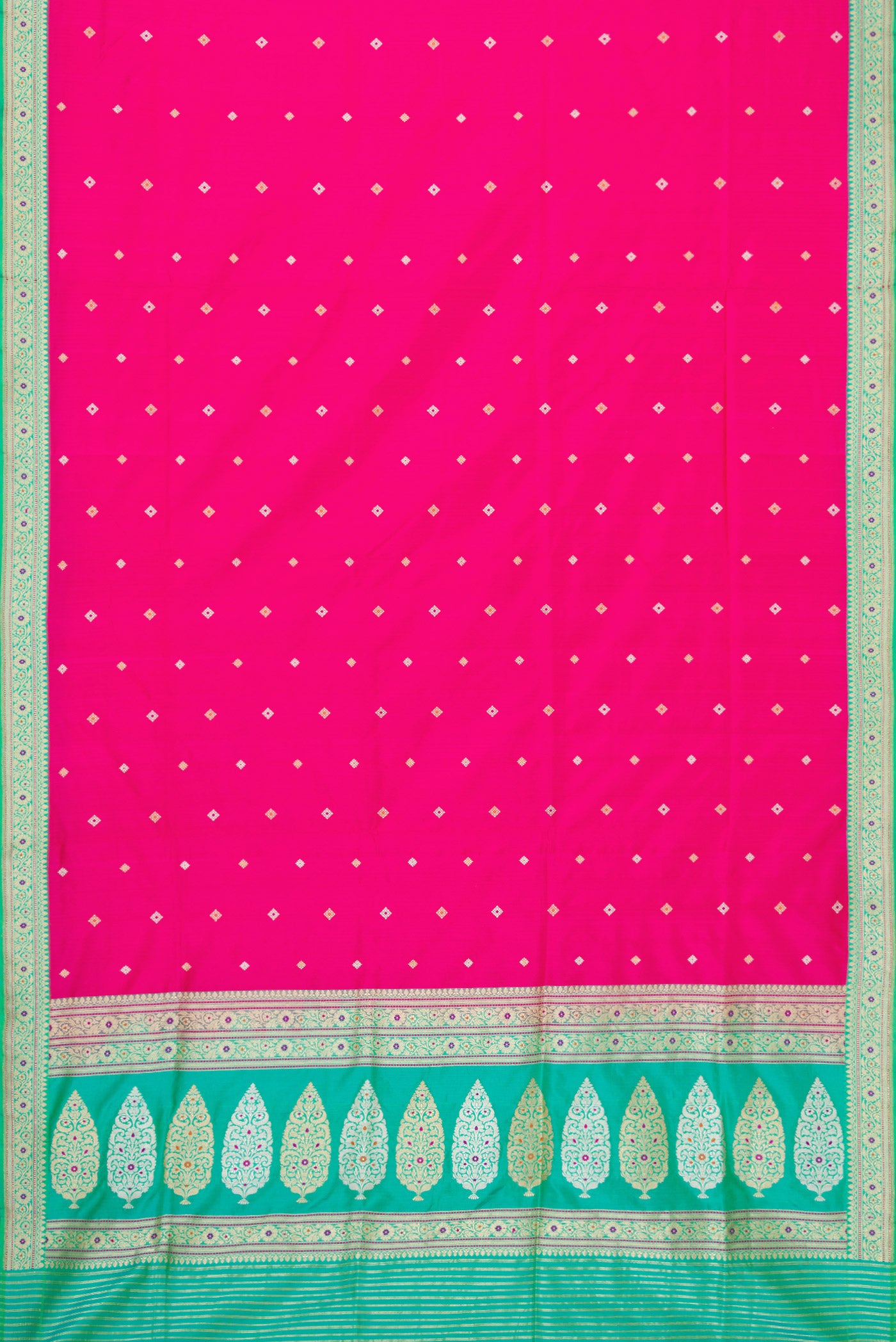 Flat view of Pink Dual Tone Banarasi Silk Saree with Zari Butta on the body and Zari Border. 