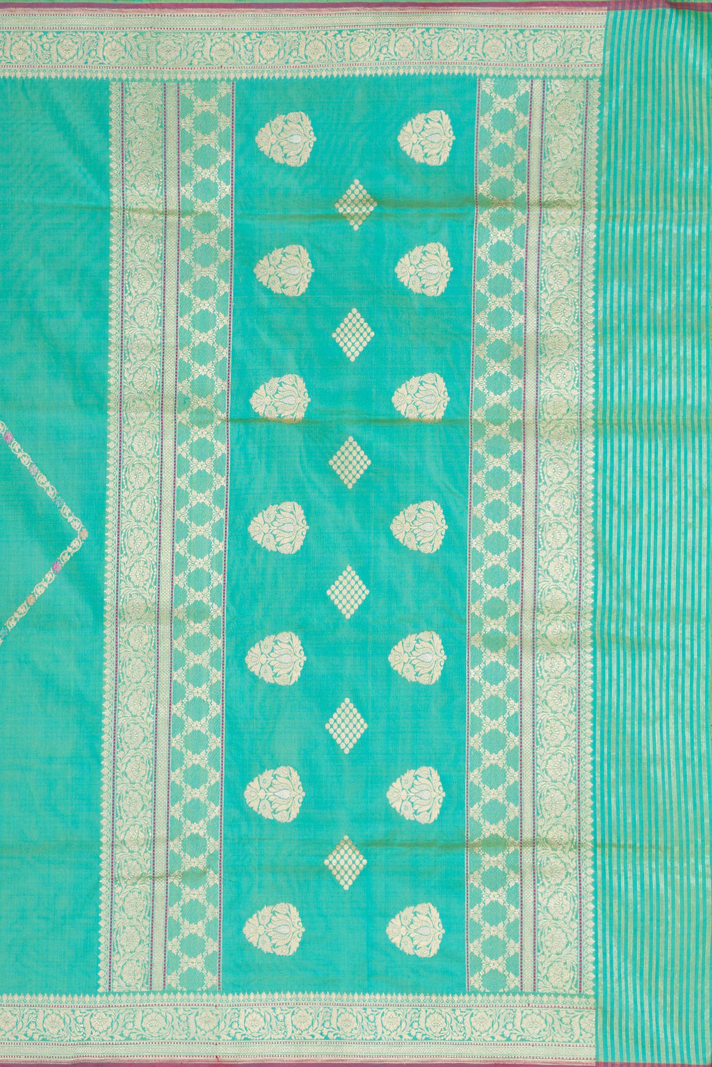 Close up image of the pallu of Sea Green Dual Tone Banarasi Silk Saree with Stripes on the body and Zari Border. 
