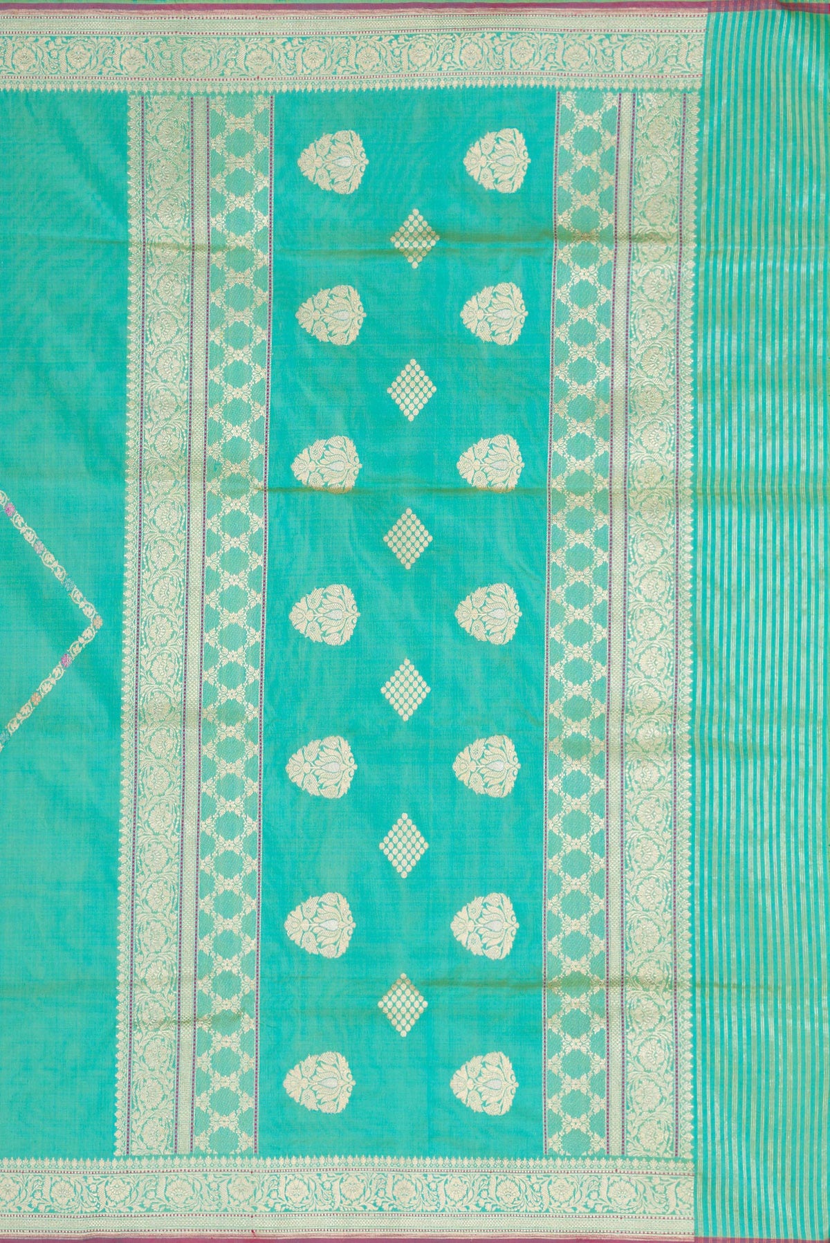 Close up image of the pallu of Sea Green Dual Tone Banarasi Silk Saree with Stripes on the body and Zari Border. 