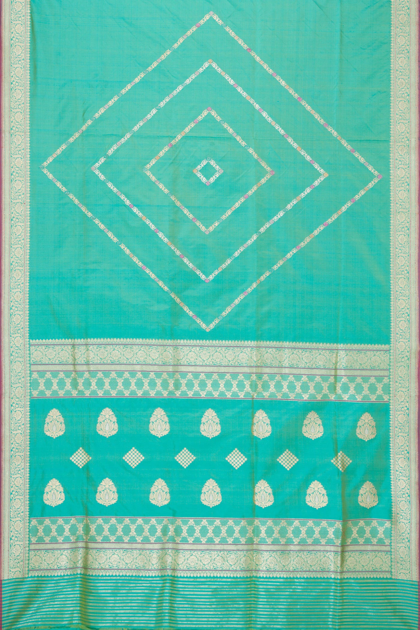 Flat view of Sea Green Dual Tone Banarasi Silk Saree with Stripes on the body and Zari Border. 
