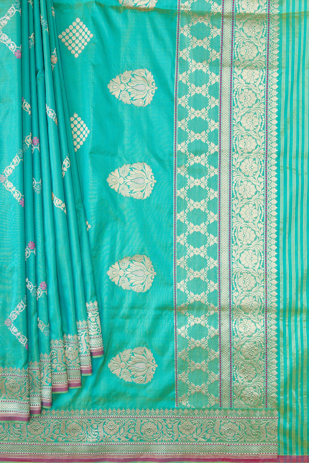 Pleats and pallu of Sea Green Dual Tone Banarasi Silk Saree with Stripes on the body and Zari Border. 