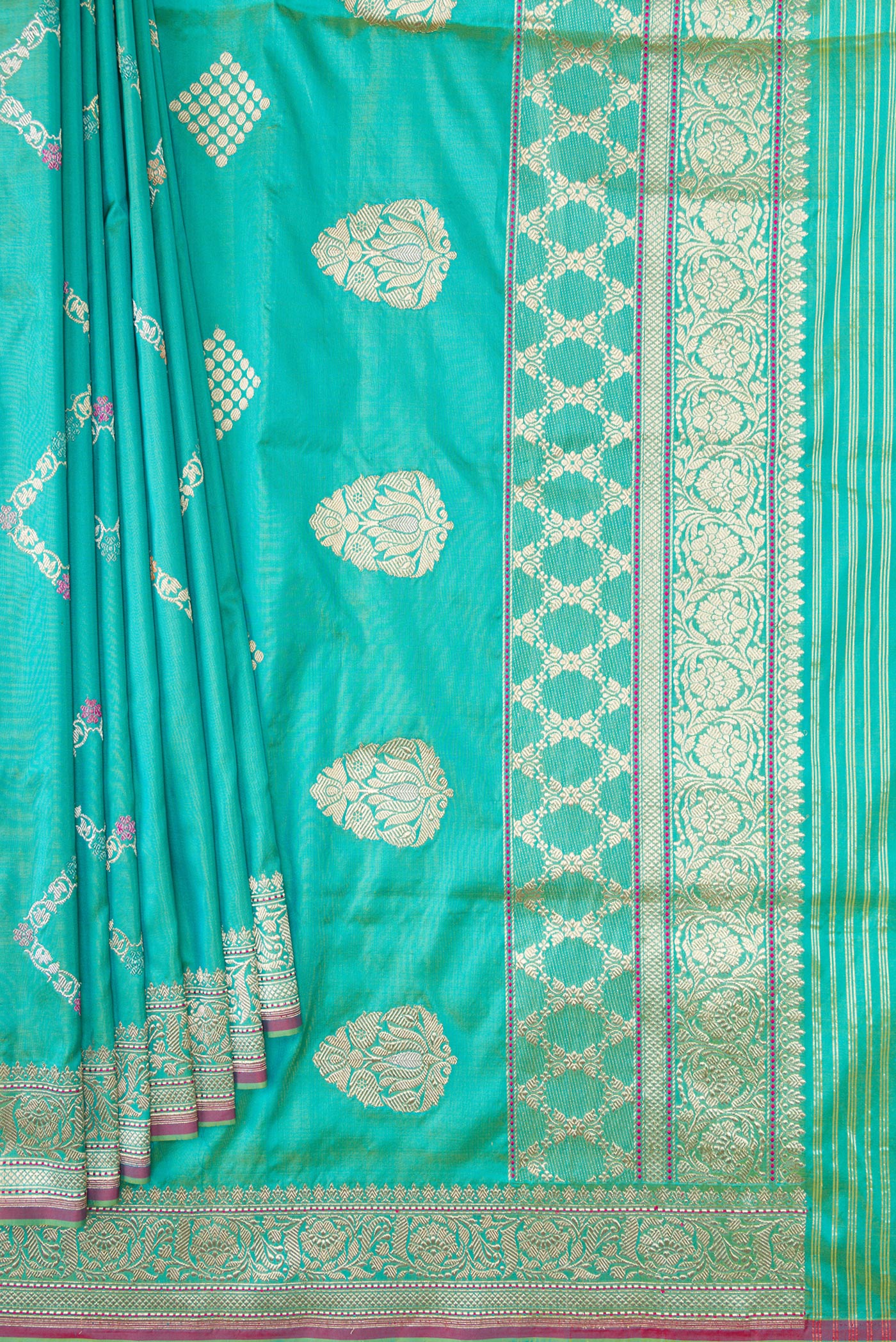 Pleats and pallu of Sea Green Dual Tone Banarasi Silk Saree with Stripes on the body and Zari Border. 
