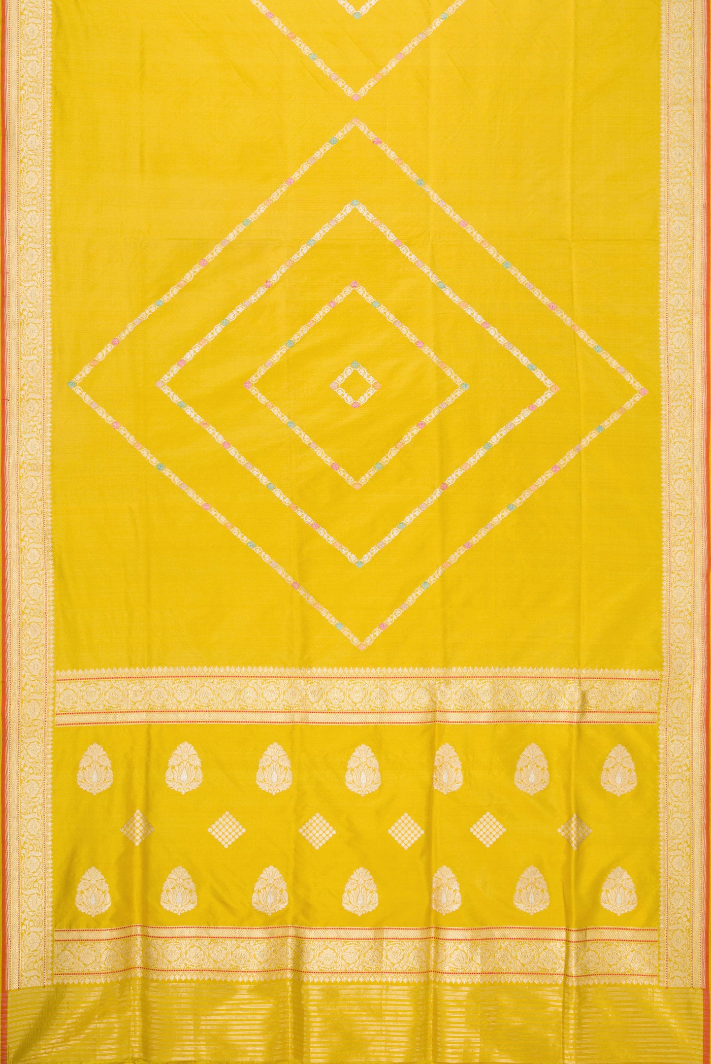 Flat view of Mehandi Green Dual Tone Banarasi Silk Saree with Zari Butta on the body and Zari Border. 