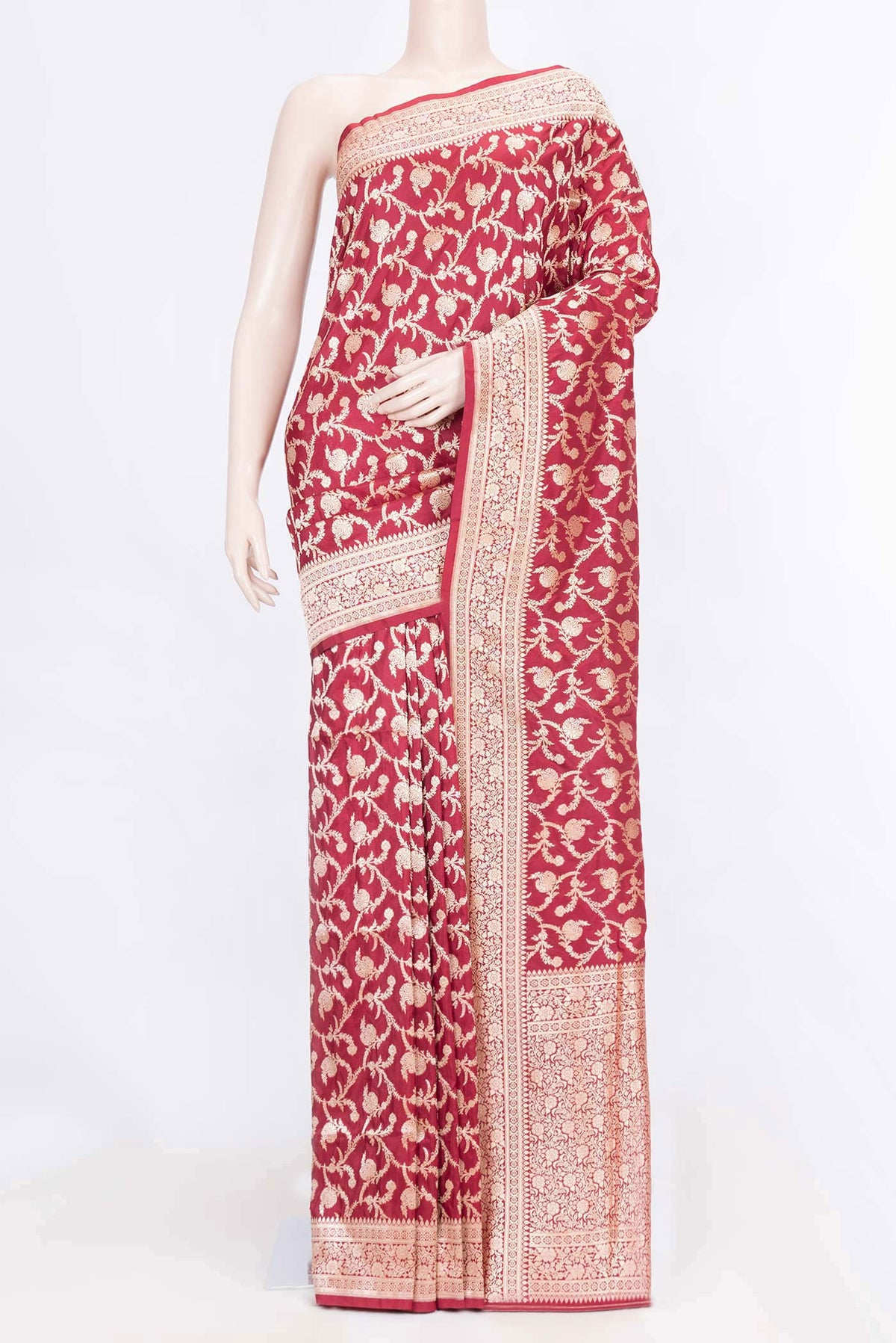 Dark Pink Dual Tone Banarasi Silk Saree with Zari Brocade on the body and Zari Border displayed on a mannequin