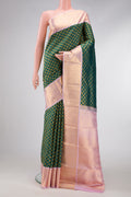 Bottle Green Dual Tone Kanchipuram Silk Saree with Zari Brocade on the body and Zari Border.  displayed on a mannequin
