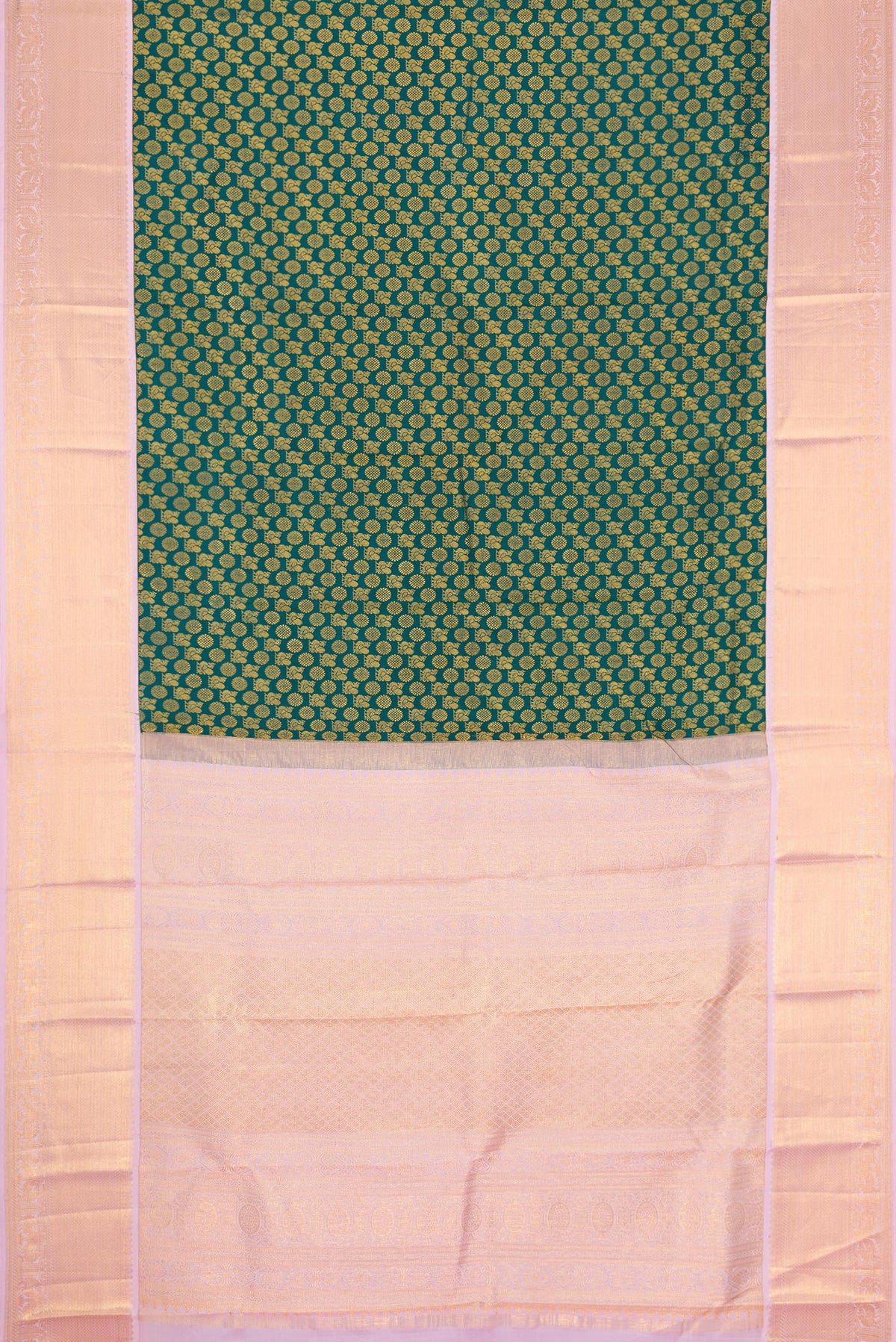 Flat view of Bottle Green Dual Tone Kanchipuram Silk Saree with Zari Brocade on the body and Zari Border. 