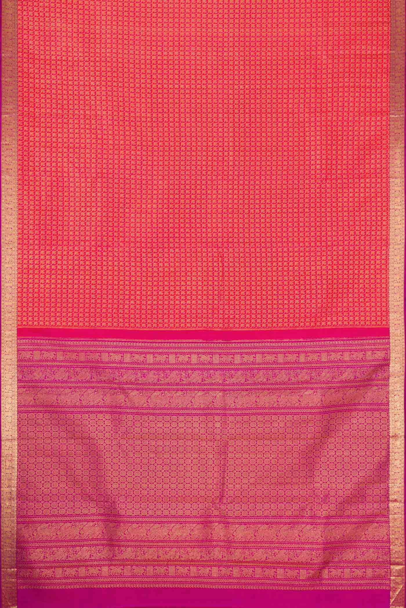 Flat view of Pink Dual Tone Kanjivaram Silk Saree with Zari Brocade on the body and Zari Border. 