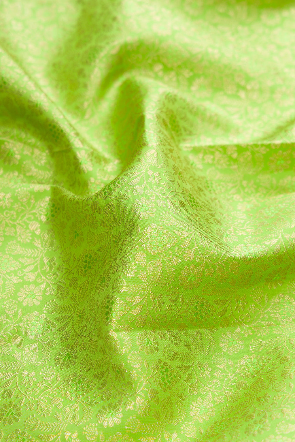 Close up of Parrot Green Dual Tone Kanchipuram Silk Saree with Zari Brocade on the body and Zari Border.  displaying folds
