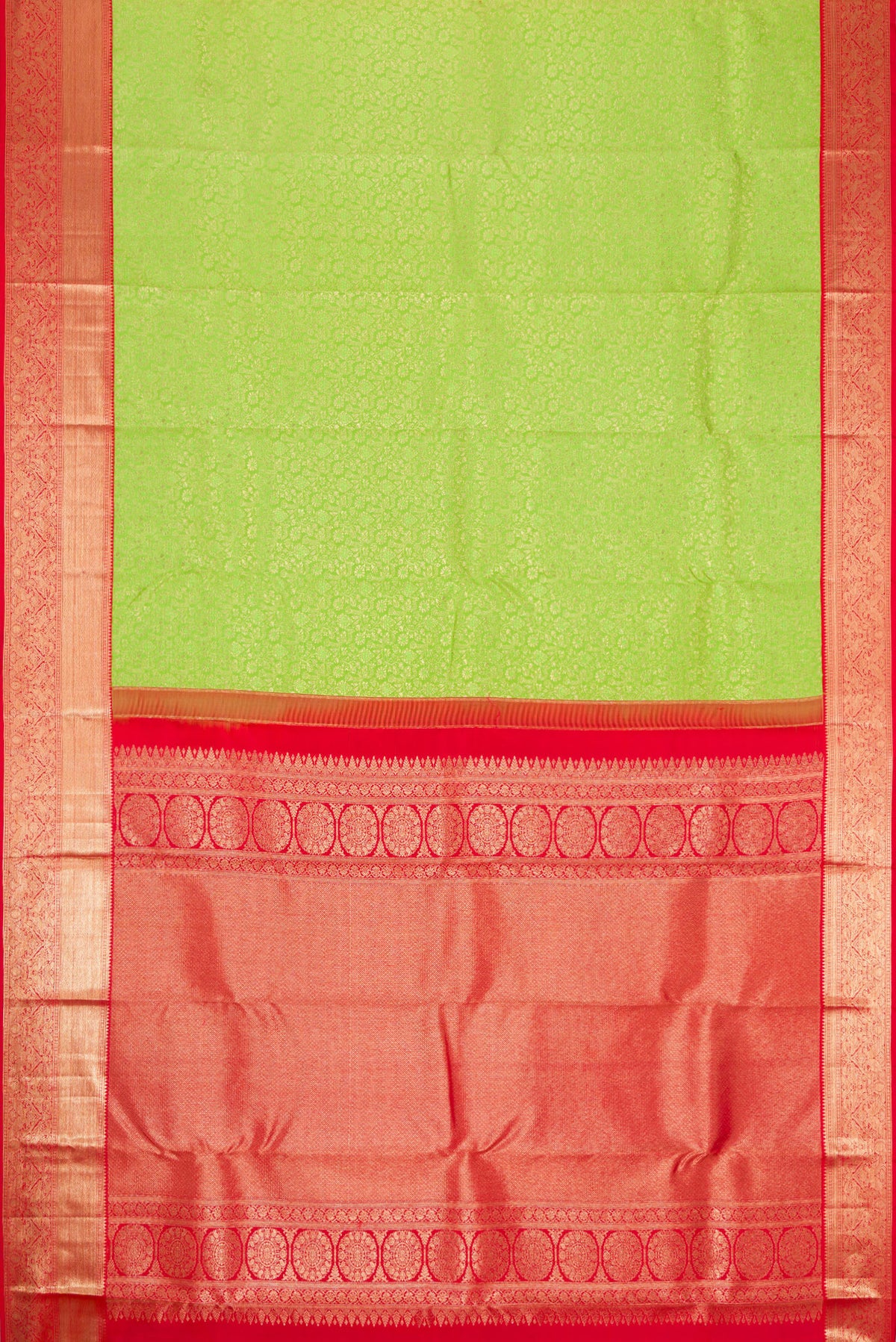 Flat view of Parrot Green Dual Tone Kanchipuram Silk Saree with Zari Brocade on the body and Zari Border. 