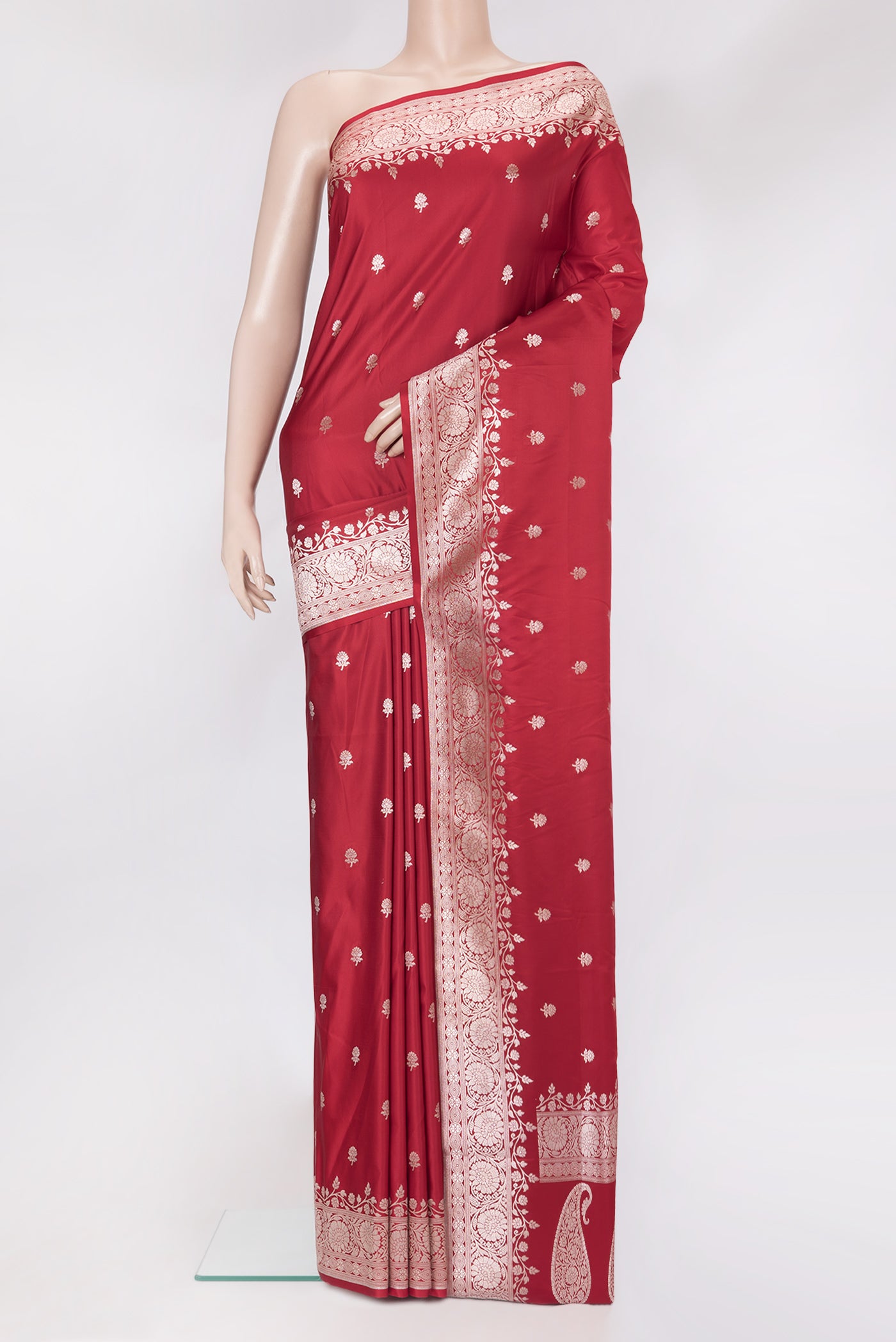 Red Blended Banarasi Silk Saree with Zari Butta on the body and Zari Border.  displayed on a mannequin