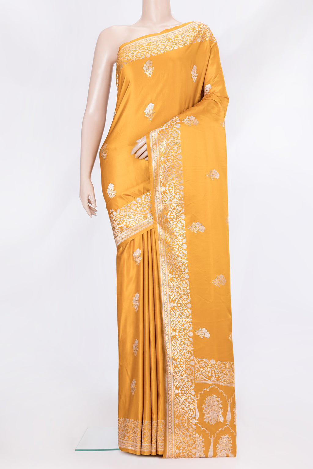 Yellow Dual Tone Banarasi Silk Saree with Zari Butta on the body and Zari Border.  displayed on a mannequin