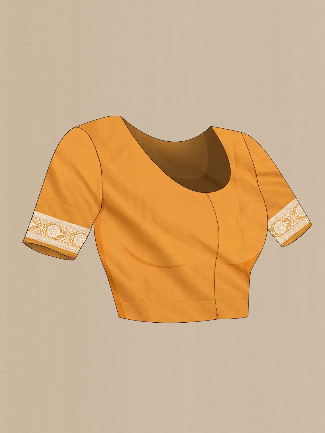 Close up image of the blouse of Mustard Blended Banarasi Silk Saree with Zari Butta on the body and Zari Border. 
