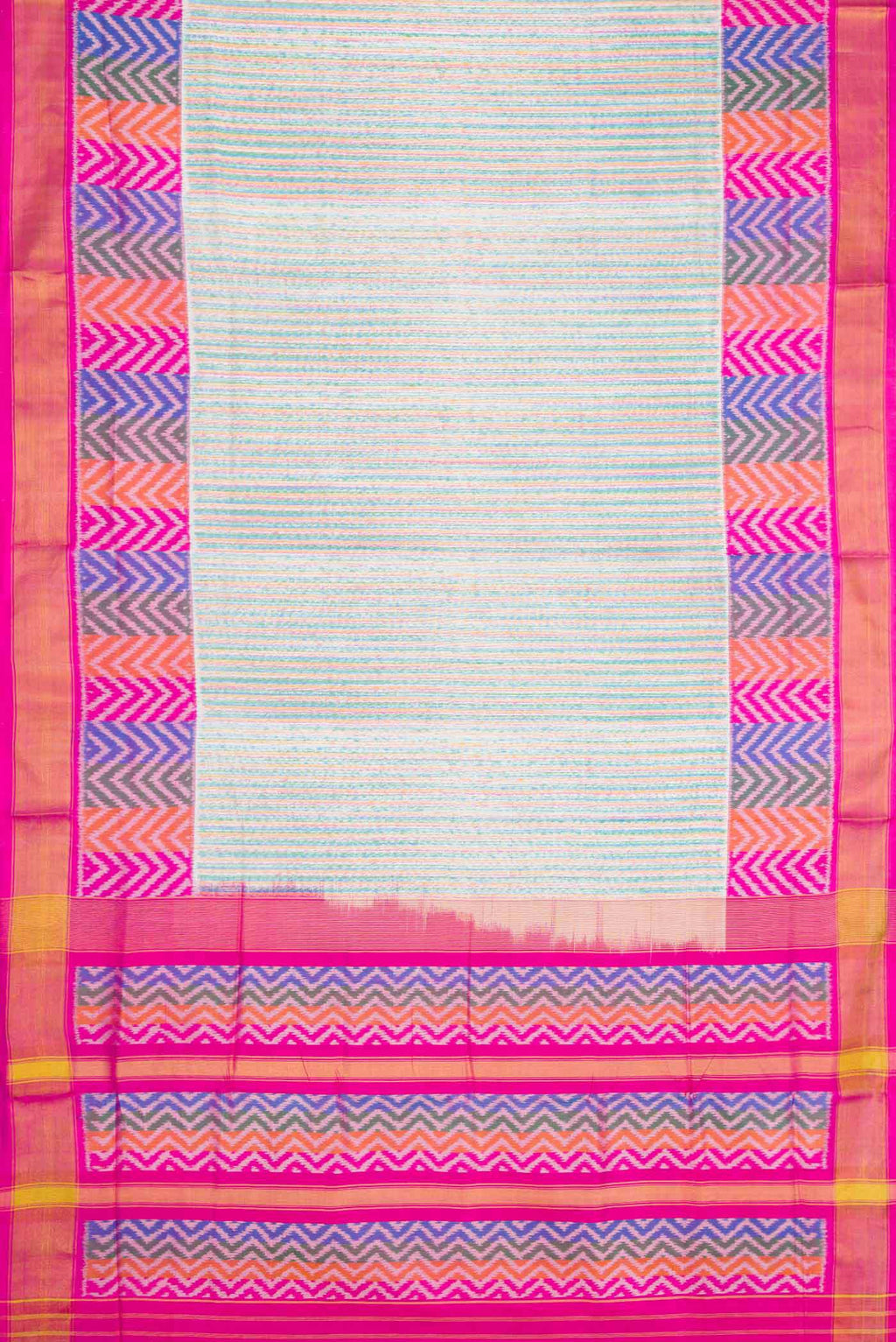 Flat view of Grey Dual Tone Rajkot Patola Silk Saree with Ikat Print on the body and Ikat Border