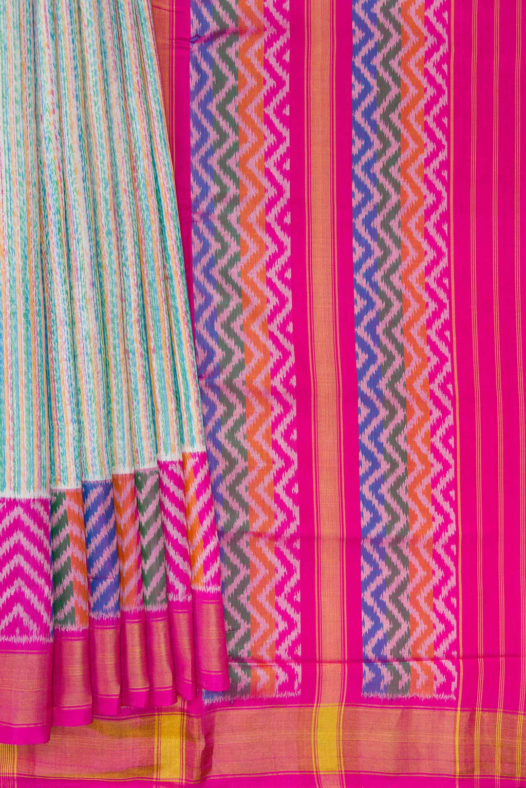 Pleats and pallu of Grey Dual Tone Rajkot Patola Silk Saree with Ikat Print on the body and Ikat Border