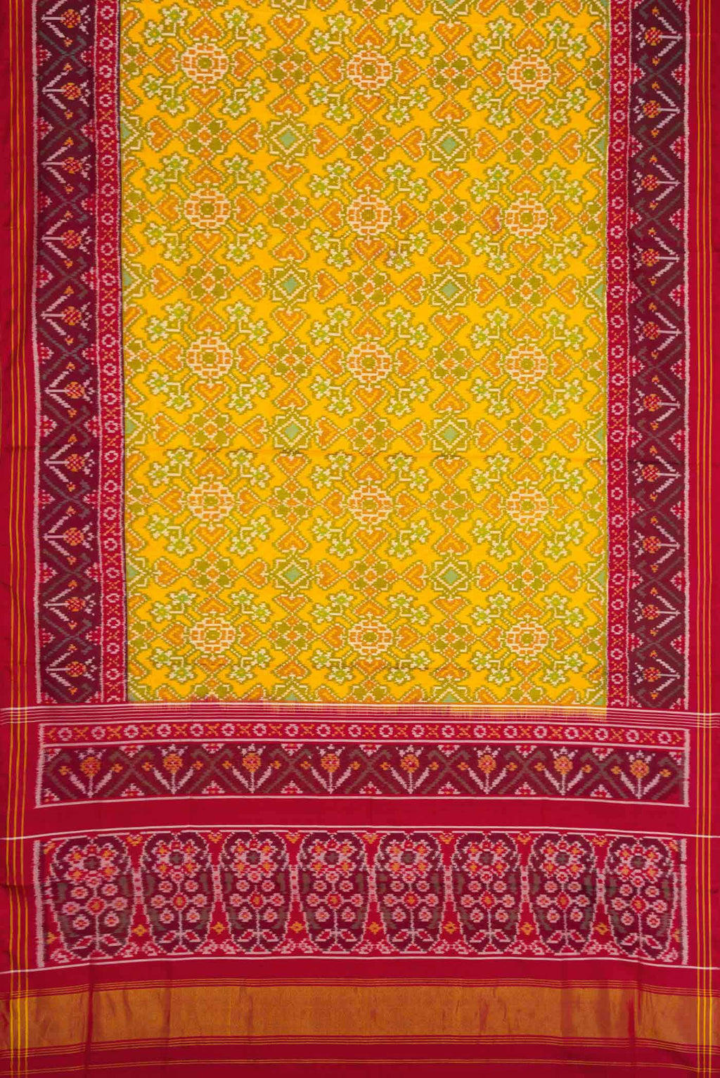 Flat view of Yellow Dual Tone Rajkot Patola Silk Saree with Ikat Print on the body and Ikat Border